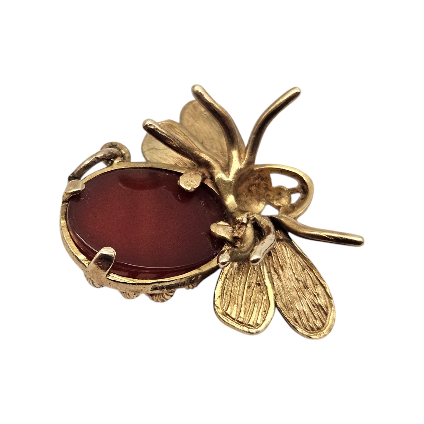 Unusual 9ct 375 Yellow Gold Bee Charm with Carnelian 1971 L 2.4 cm 5.5 g