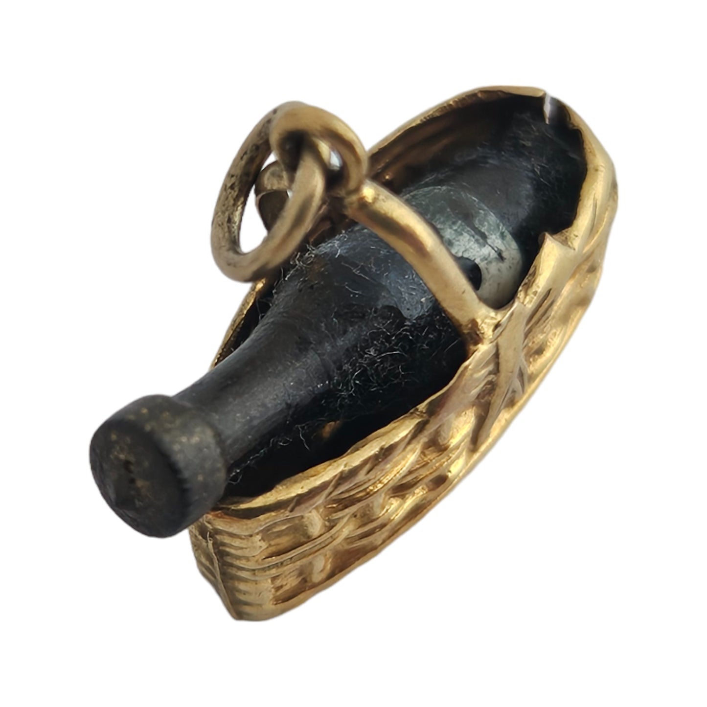 9ct 375 Yellow Gold Bottle in a Basket Charm 1978 L 1.8 cm 1.3 g