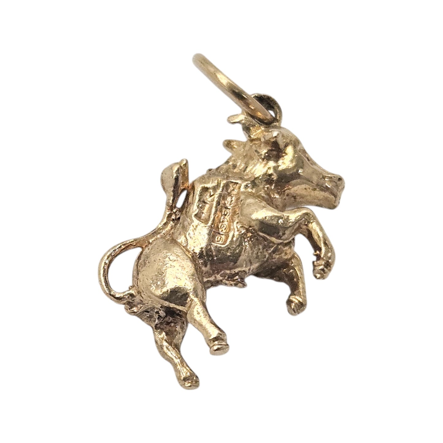 9ct 375 Yellow Gold Bull Charm 1973 L 1.4 cm 2.4 g.