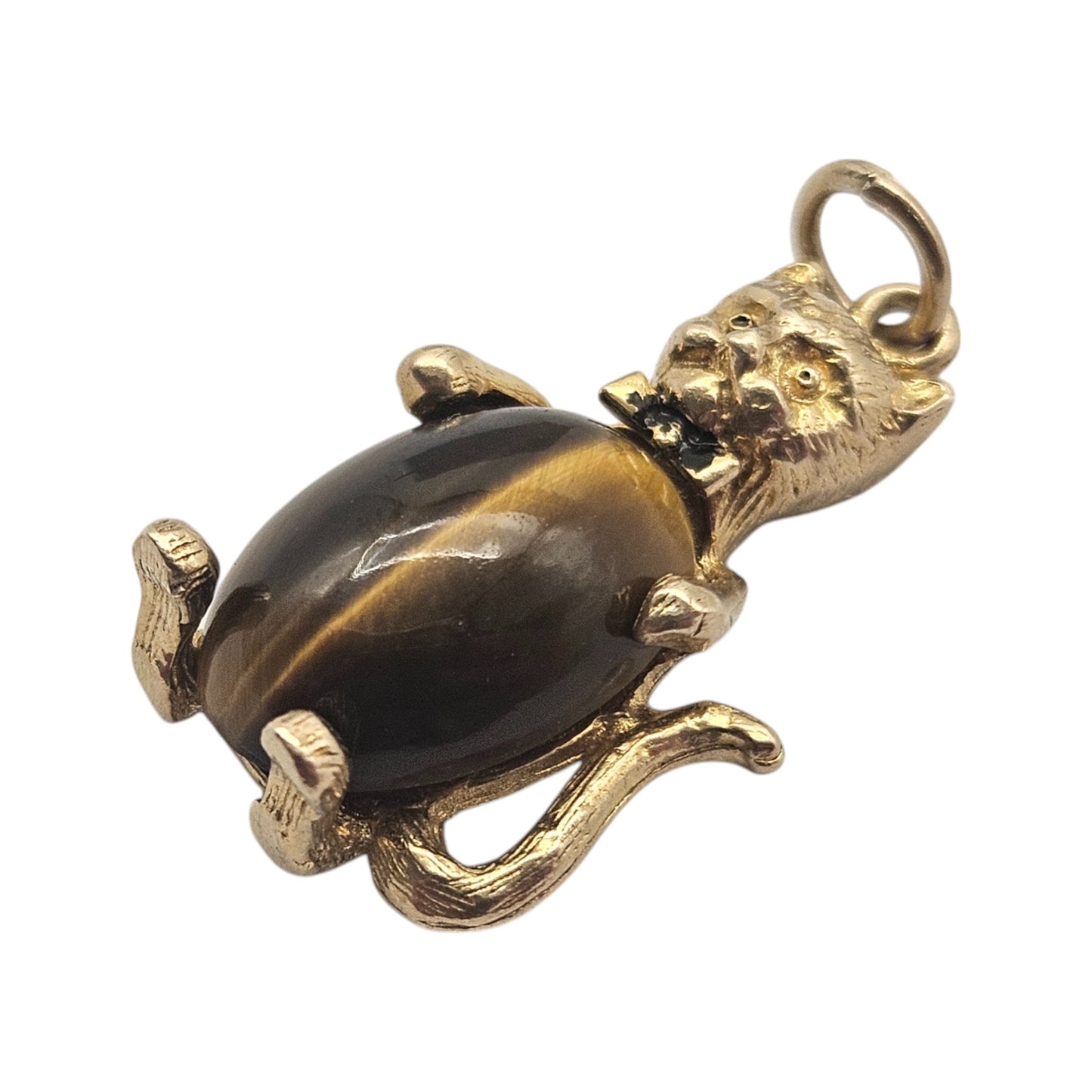 9ct 375 Yellow Gold Cat Charm With Cat's Eye c.1968 L 2.2 cm 4.1 g.