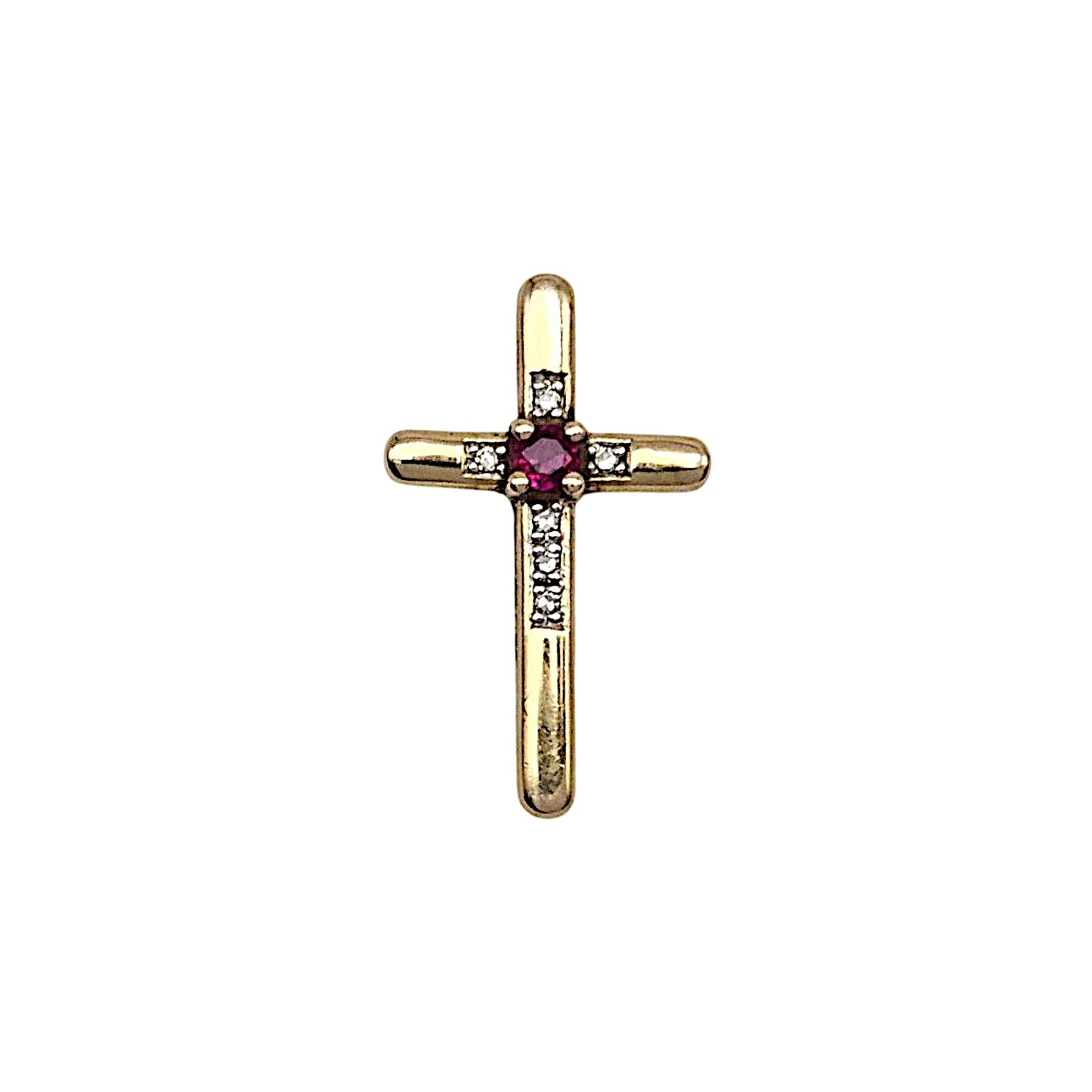 9ct 375 Yellow Gold Cross Pendant With Ruby & Diamonds L 2.0 cm 1.2 g.