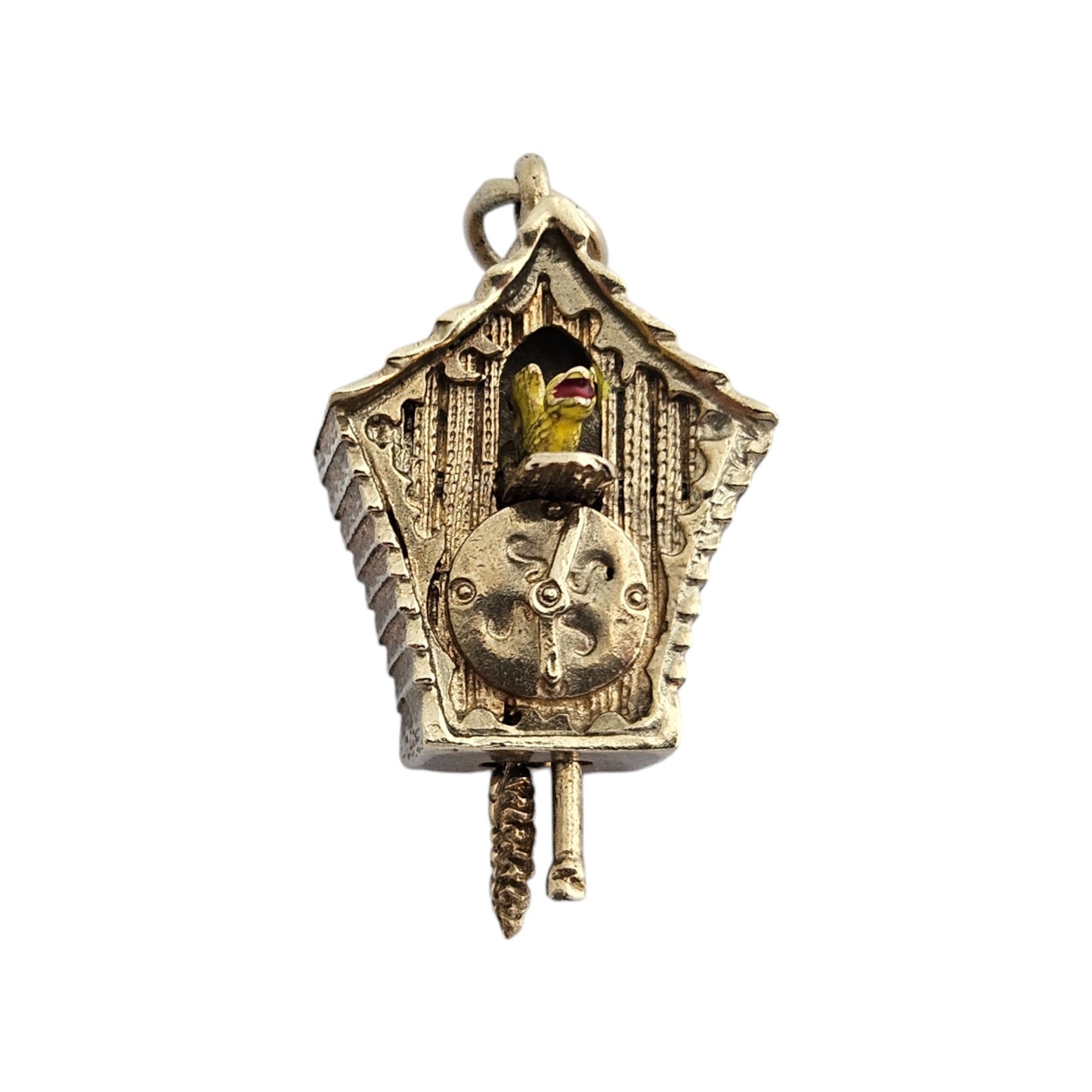 9ct 375 Yellow Gold Cuckoo Clock Articulated Charm 1972 L 2.5 cm 5.2 g
