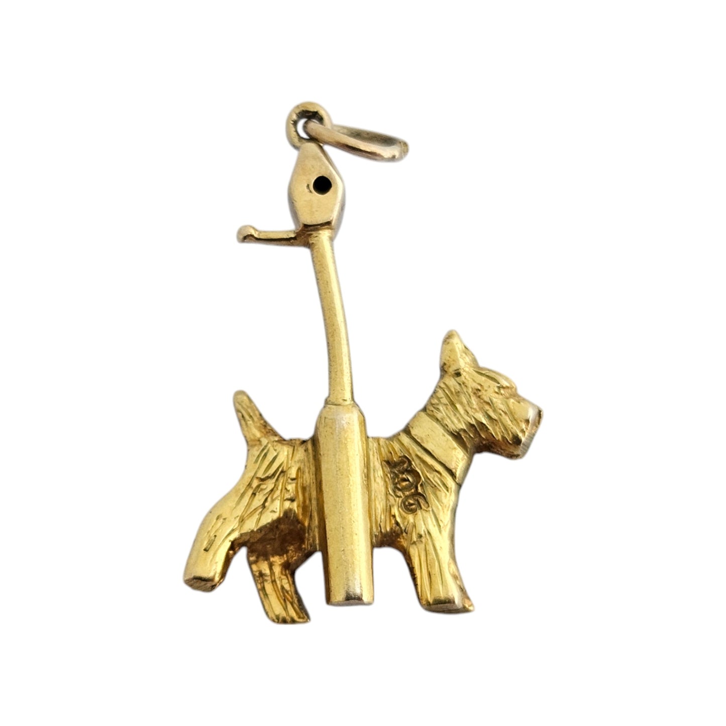 9ct Yellow Gold Terrier Dog by a Lamp Post With a Small Diamond L 2.0 cm 2.1 g