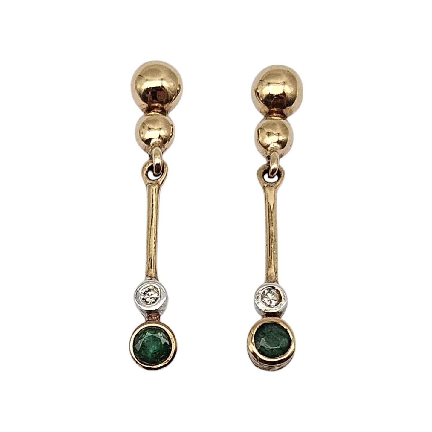 Pair of 9ct Yellow Gold Drop Earrings with Emeralds & Diamonds 1980