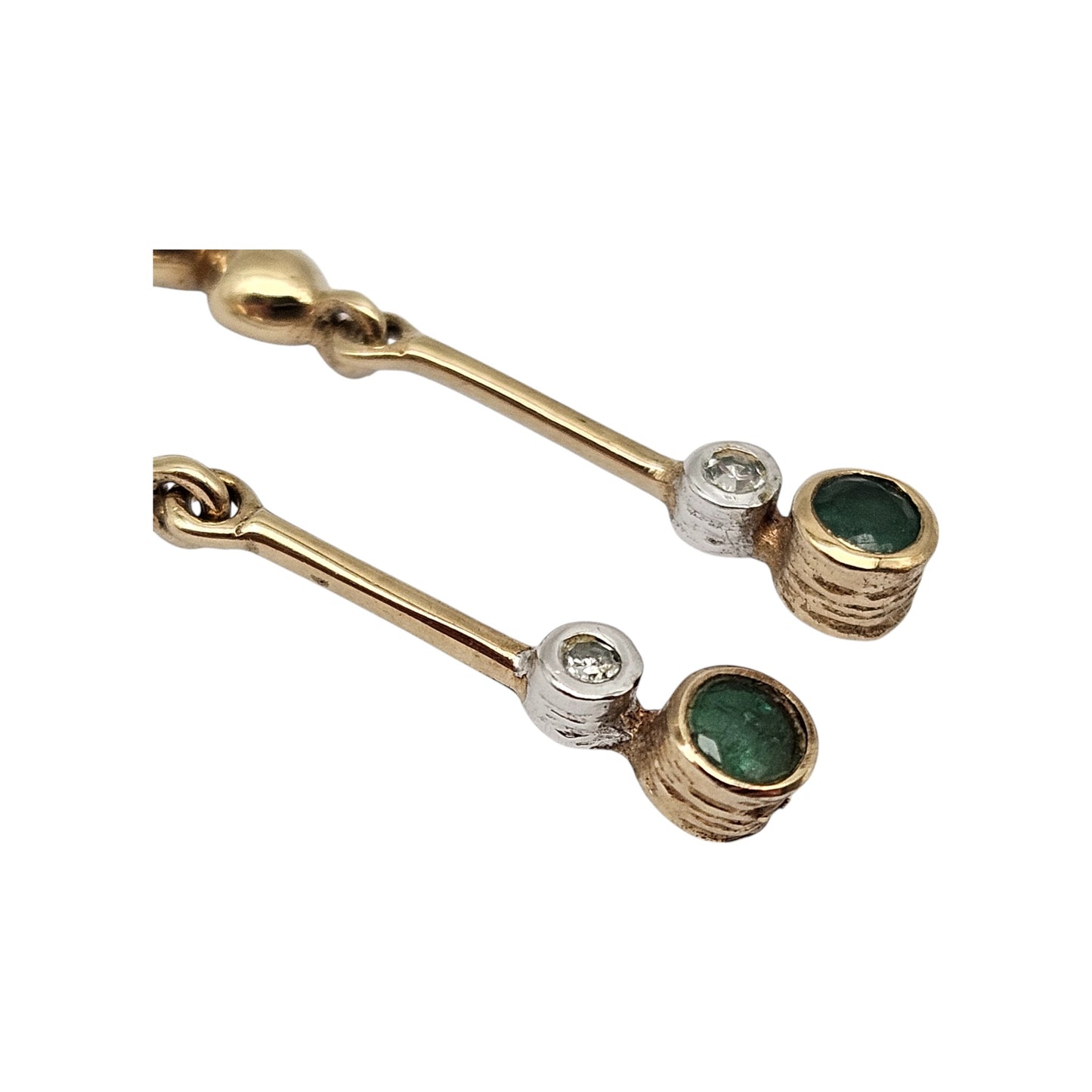Pair of 9ct Yellow Gold Drop Earrings with Emeralds & Diamonds 1980