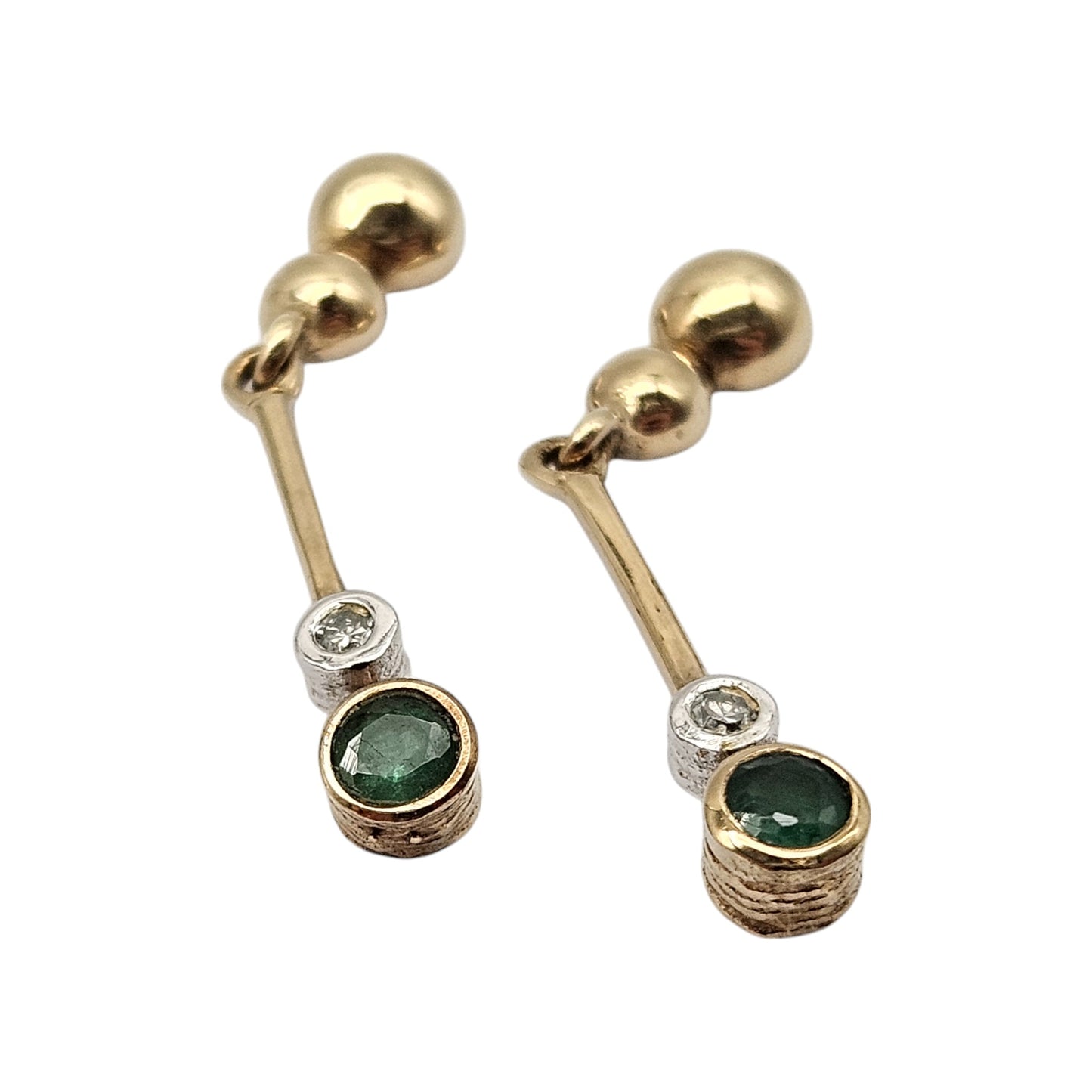 Pair of 9ct Yellow Gold Drop Earrings with Emeralds & Diamonds 1980