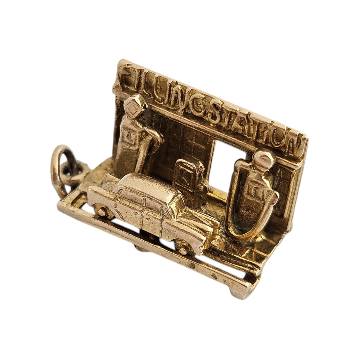 Unusual 9ct 375 Yellow Gold Filling Station Articulated Charm c.1960's L 1.7 cm 4.4 g