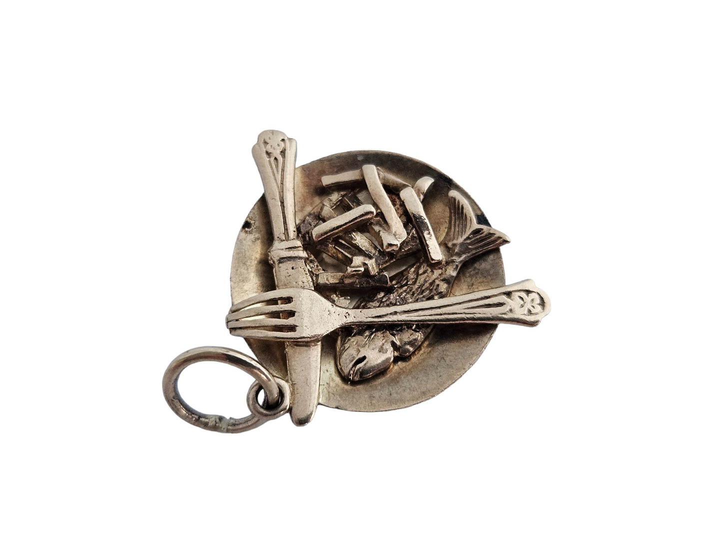 Unusual 9ct 375 Yellow Gold Fish And Chips on a Plate Charm 1962 L 2.0 cm 3.0 g