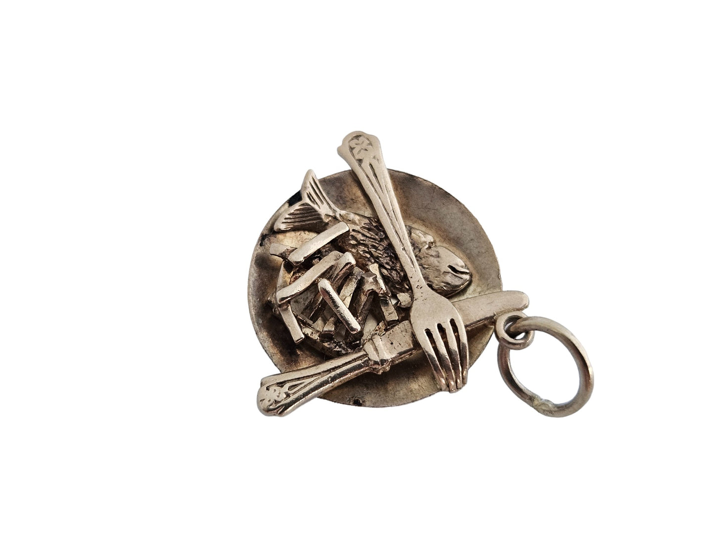 Unusual 9ct 375 Yellow Gold Fish And Chips on a Plate Charm 1962 L 2.0 cm 3.0 g