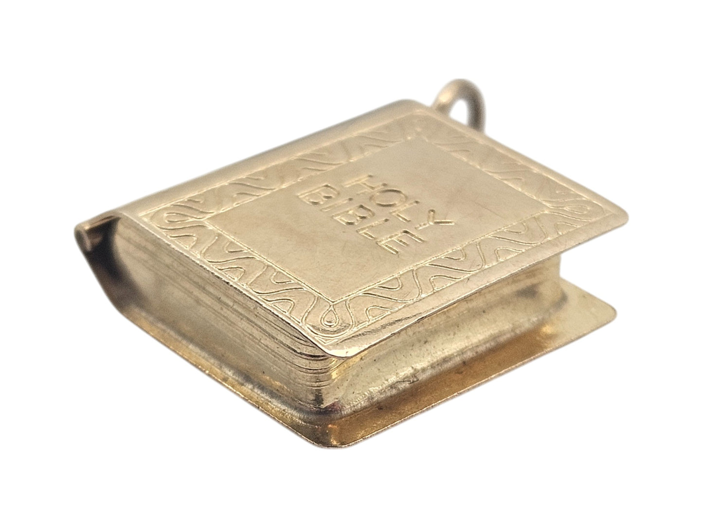 9ct 375 Yellow Gold Holy Bible Opening Charm 1979 L 1.4 cm 2.1 g.