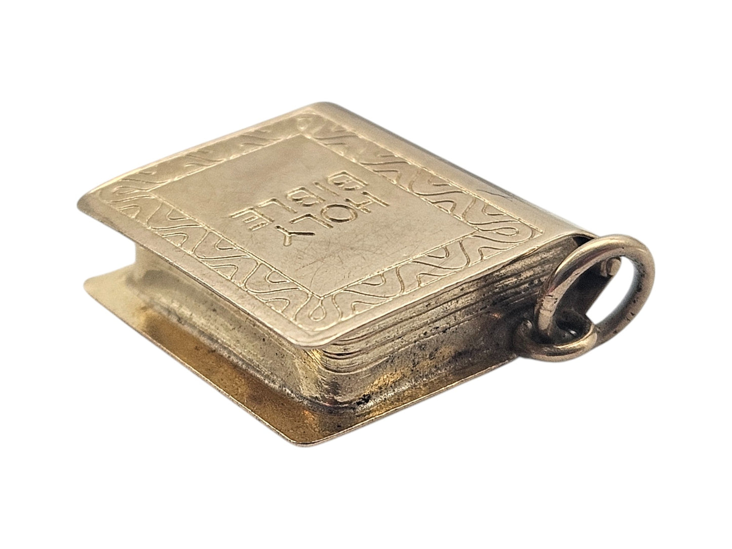 9ct 375 Yellow Gold Holy Bible Opening Charm 1979 L 1.4 cm 2.1 g.