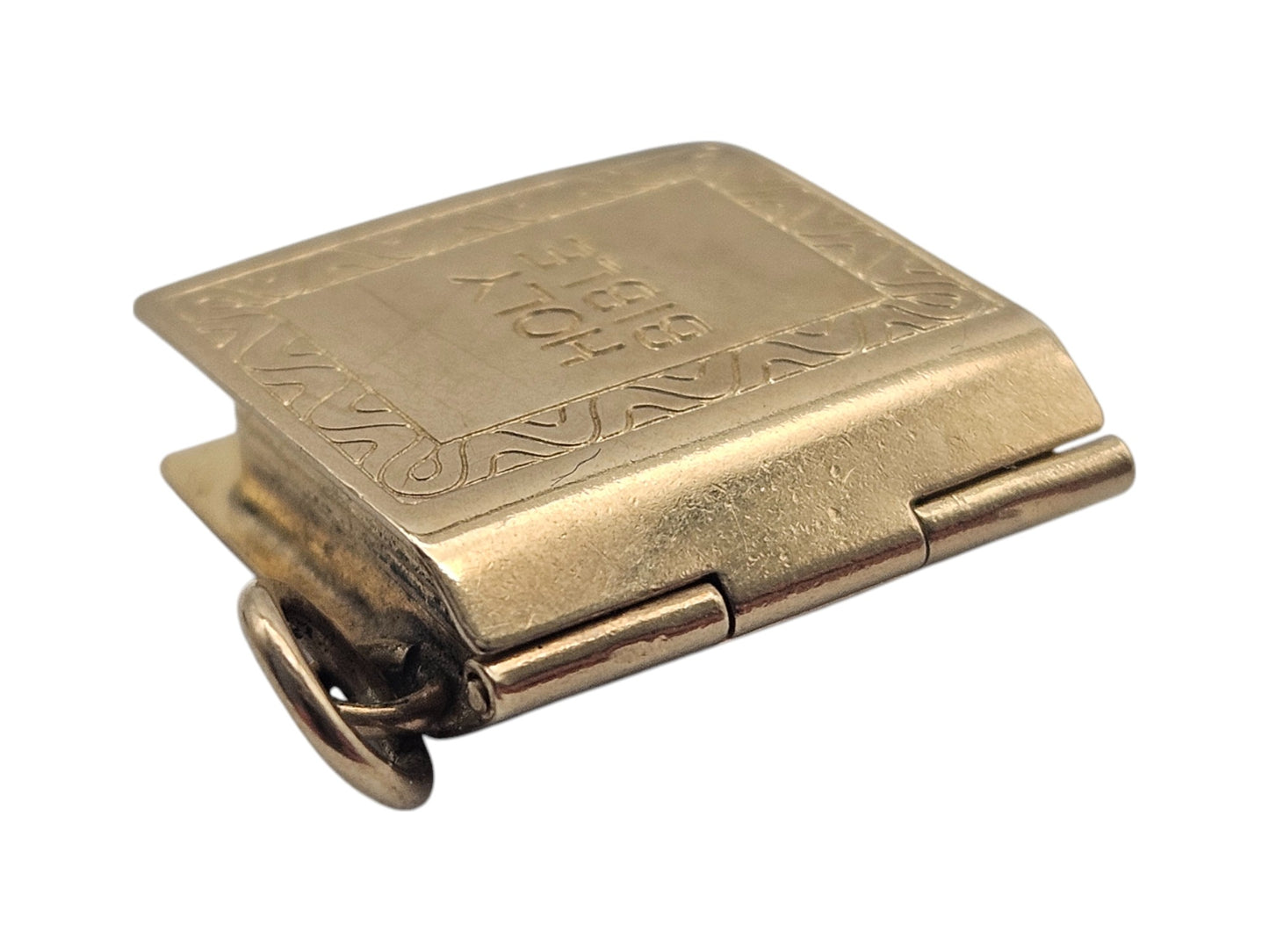 9ct 375 Yellow Gold Holy Bible Opening Charm 1979 L 1.4 cm 2.1 g.