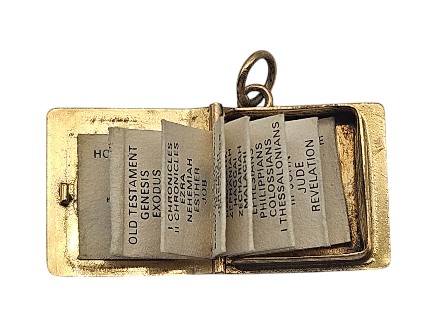 9ct 375 Yellow Gold Holy Bible Opening Charm 1979 L 1.4 cm 2.1 g.