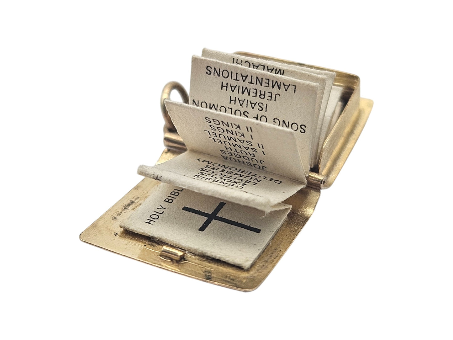 9ct 375 Yellow Gold Holy Bible Opening Charm 1979 L 1.4 cm 2.1 g.