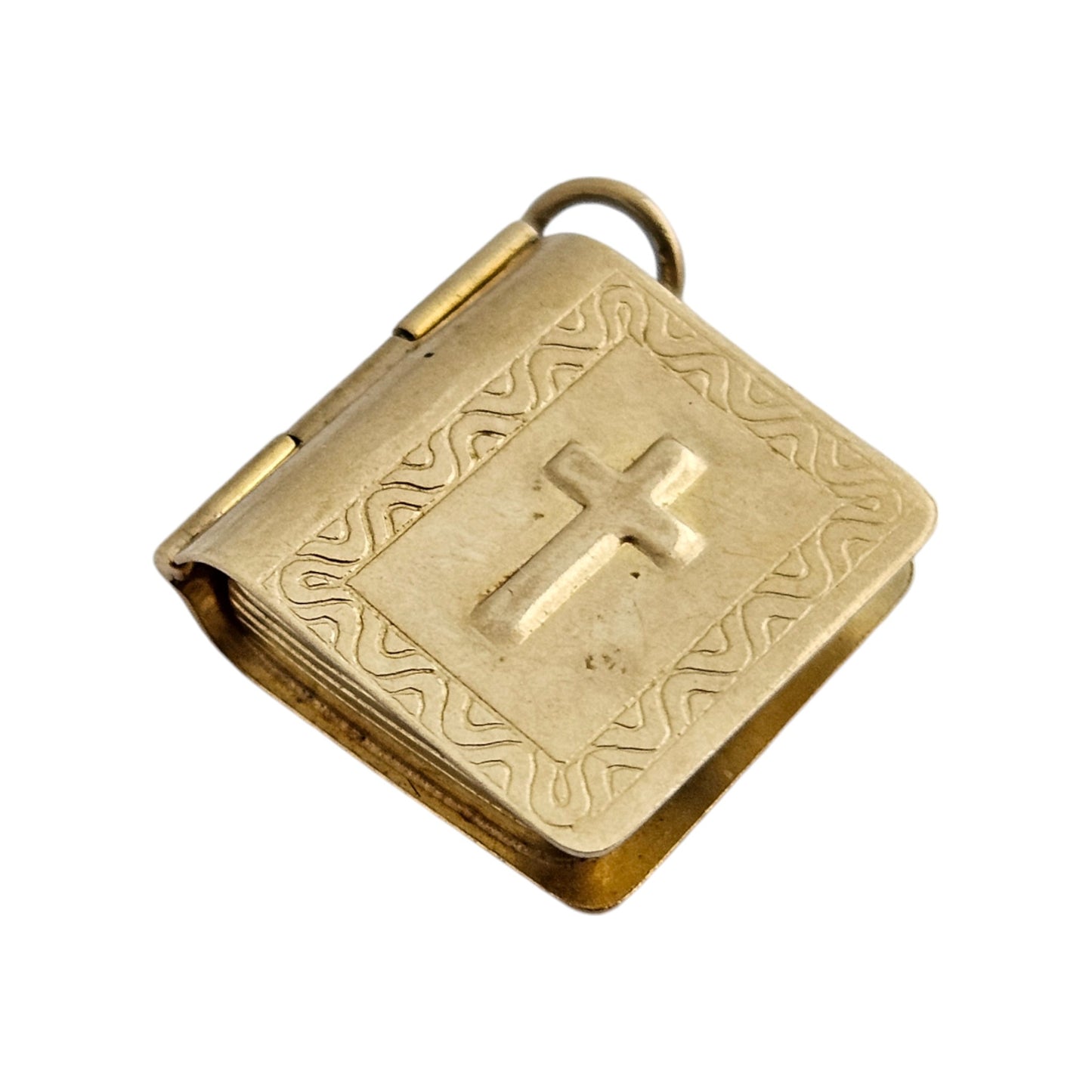 9ct 375 Yellow Gold Holy Bible Opening Charm 1971 L 1.4 cm 2.1 g.