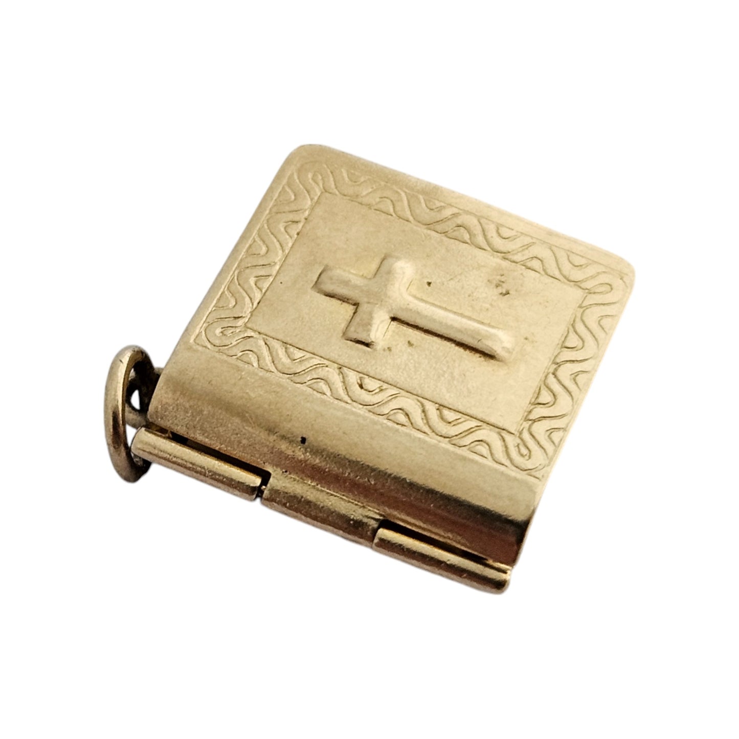 9ct 375 Yellow Gold Holy Bible Opening Charm 1971 L 1.4 cm 2.1 g.