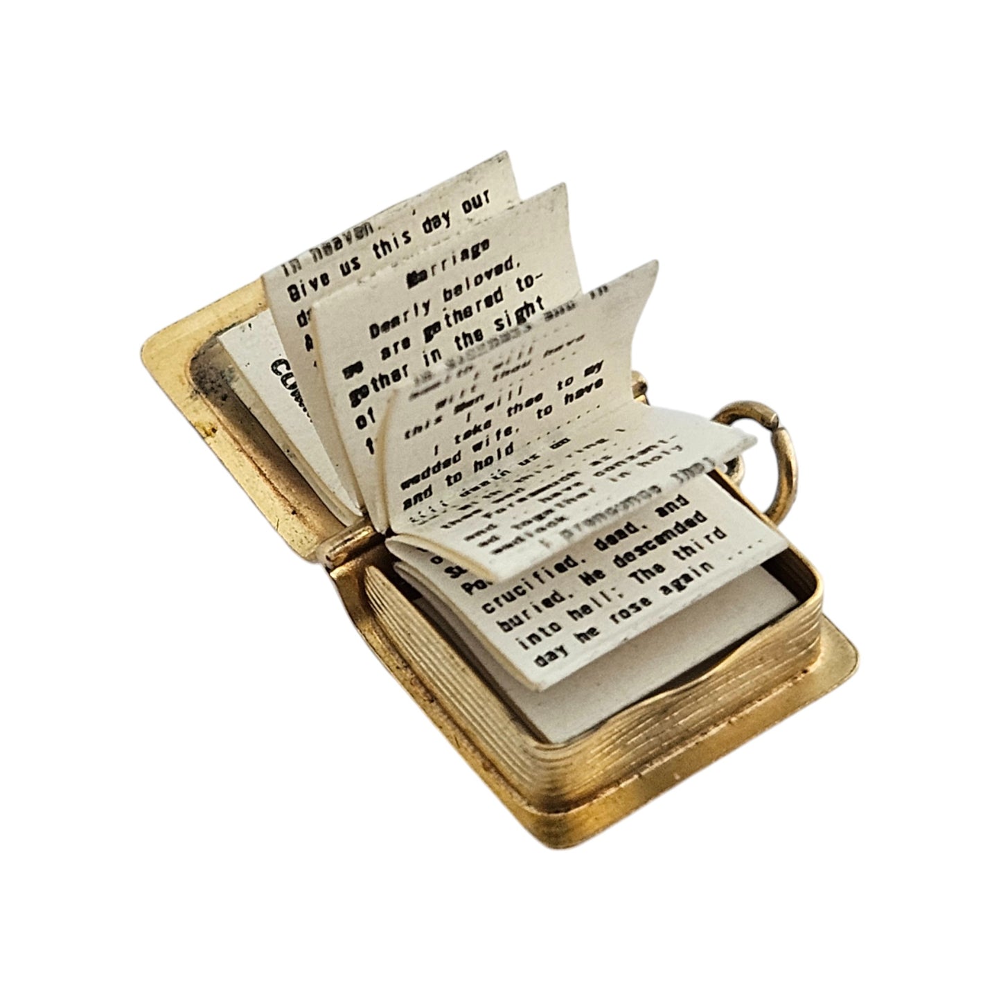 9ct 375 Yellow Gold Holy Bible Opening Charm 1971 L 1.4 cm 2.1 g.
