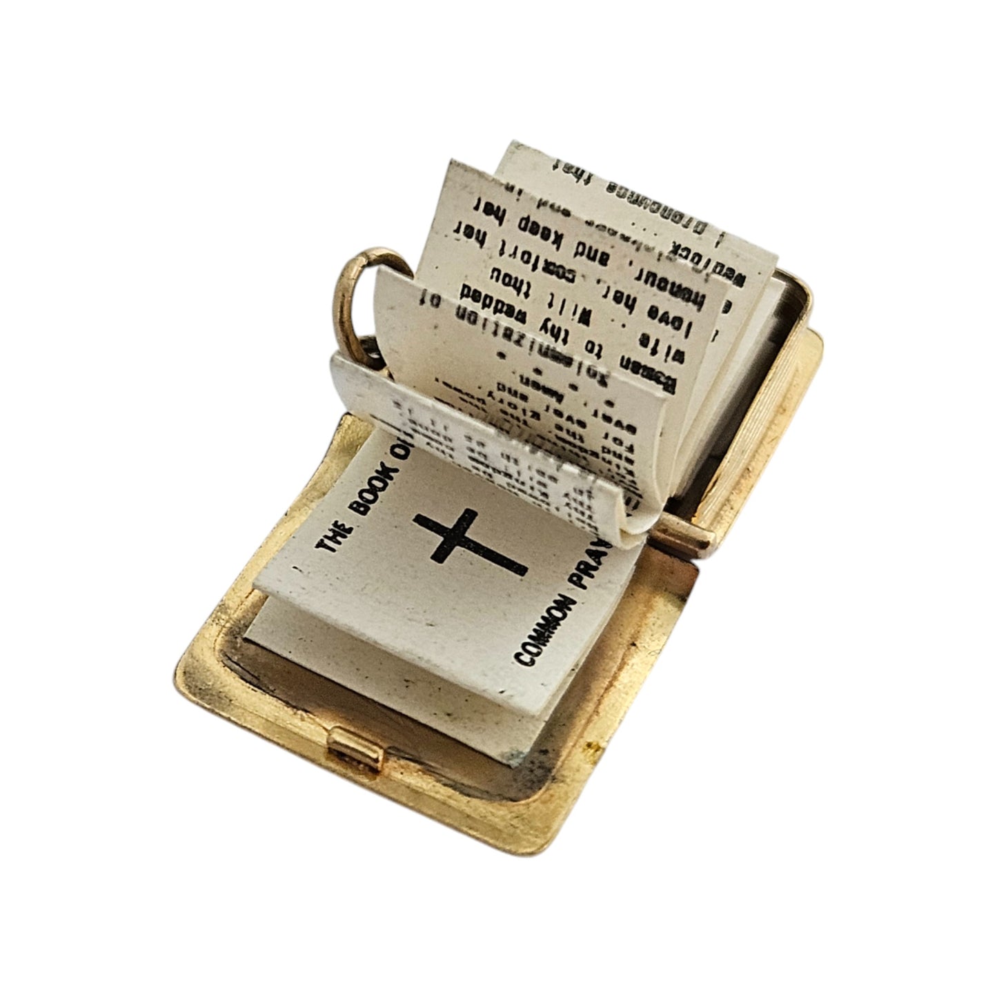 9ct 375 Yellow Gold Holy Bible Opening Charm 1971 L 1.4 cm 2.1 g.