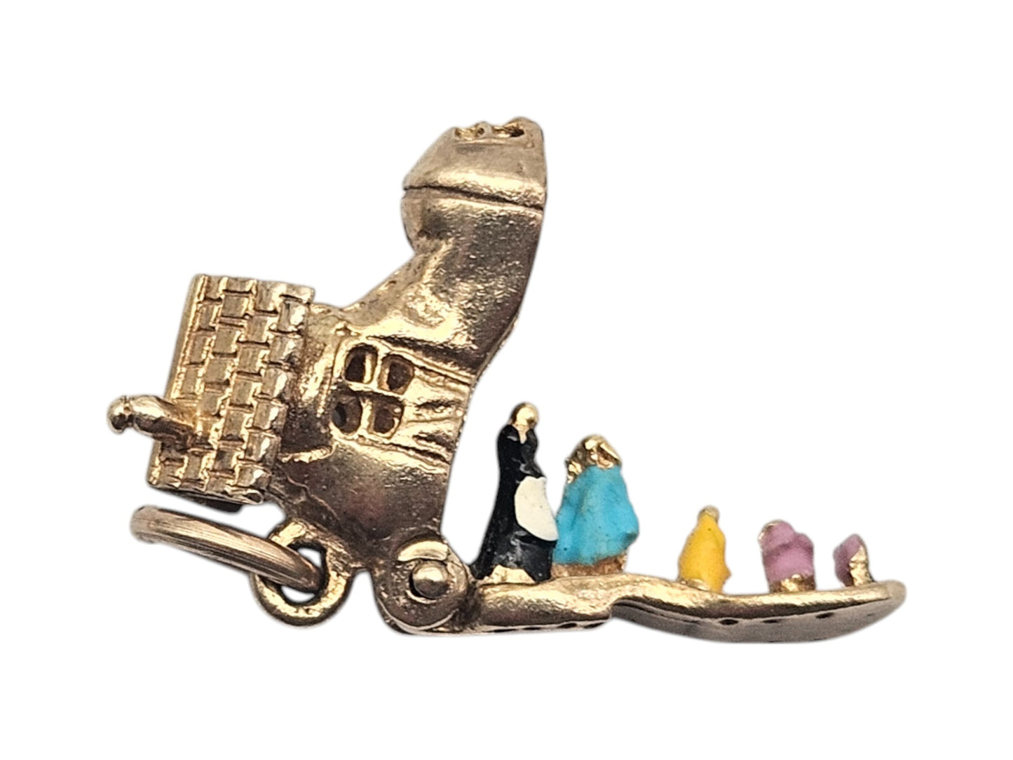 9ct 375 Yellow Gold Lady Who Lived In A Shoe Opening Charm 1970 L 1.4 cm 2.6 g.