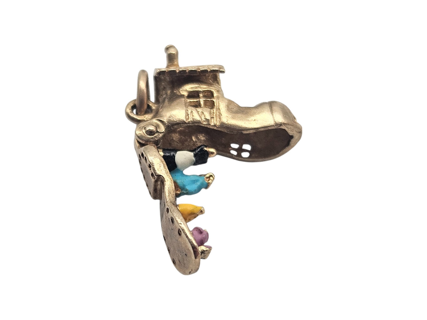 9ct 375 Yellow Gold Lady Who Lived In A Shoe Opening Charm 1970 L 1.4 cm 2.6 g.