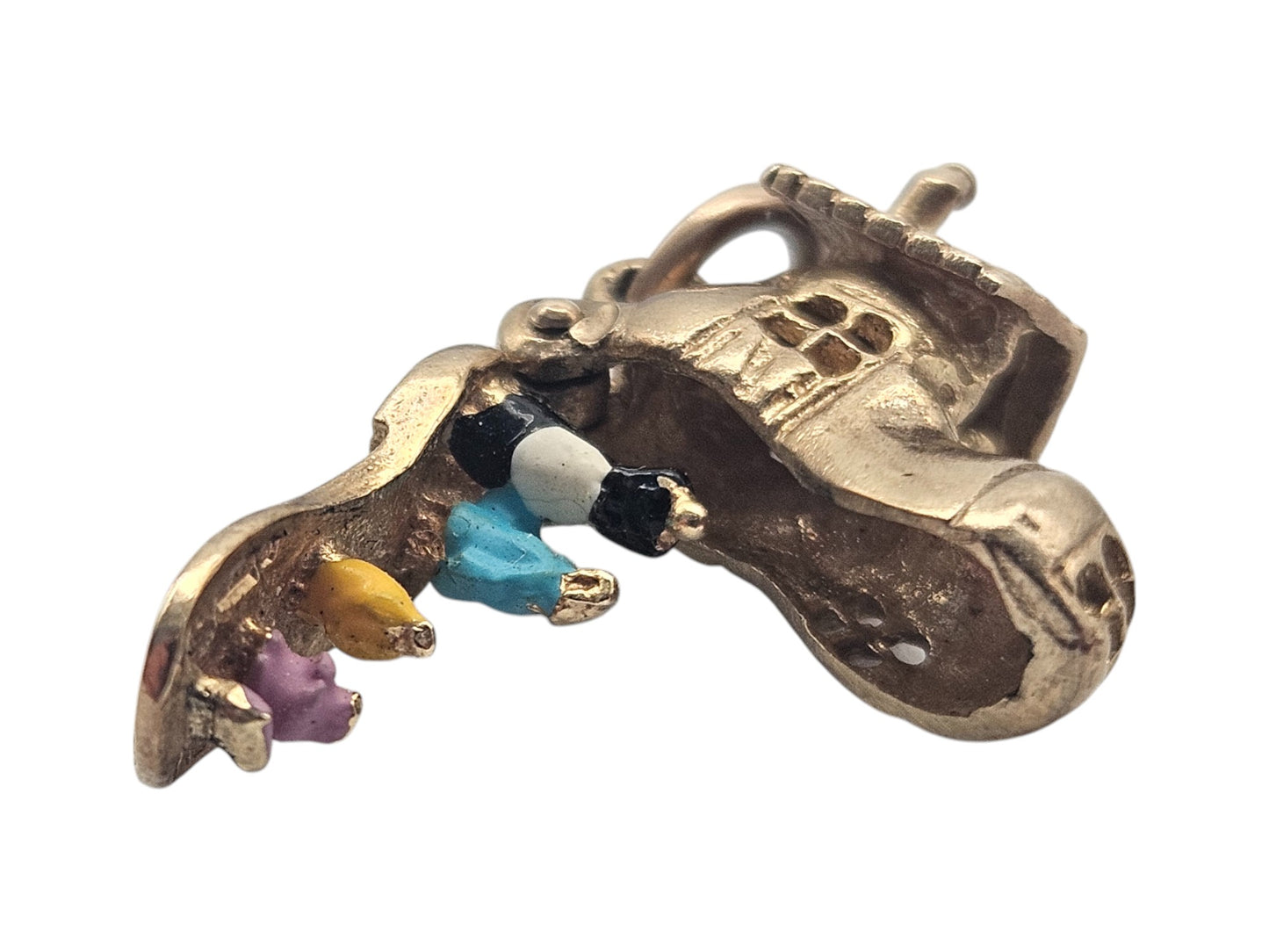 9ct 375 Yellow Gold Lady Who Lived In A Shoe Opening Charm 1970 L 1.4 cm 2.6 g.