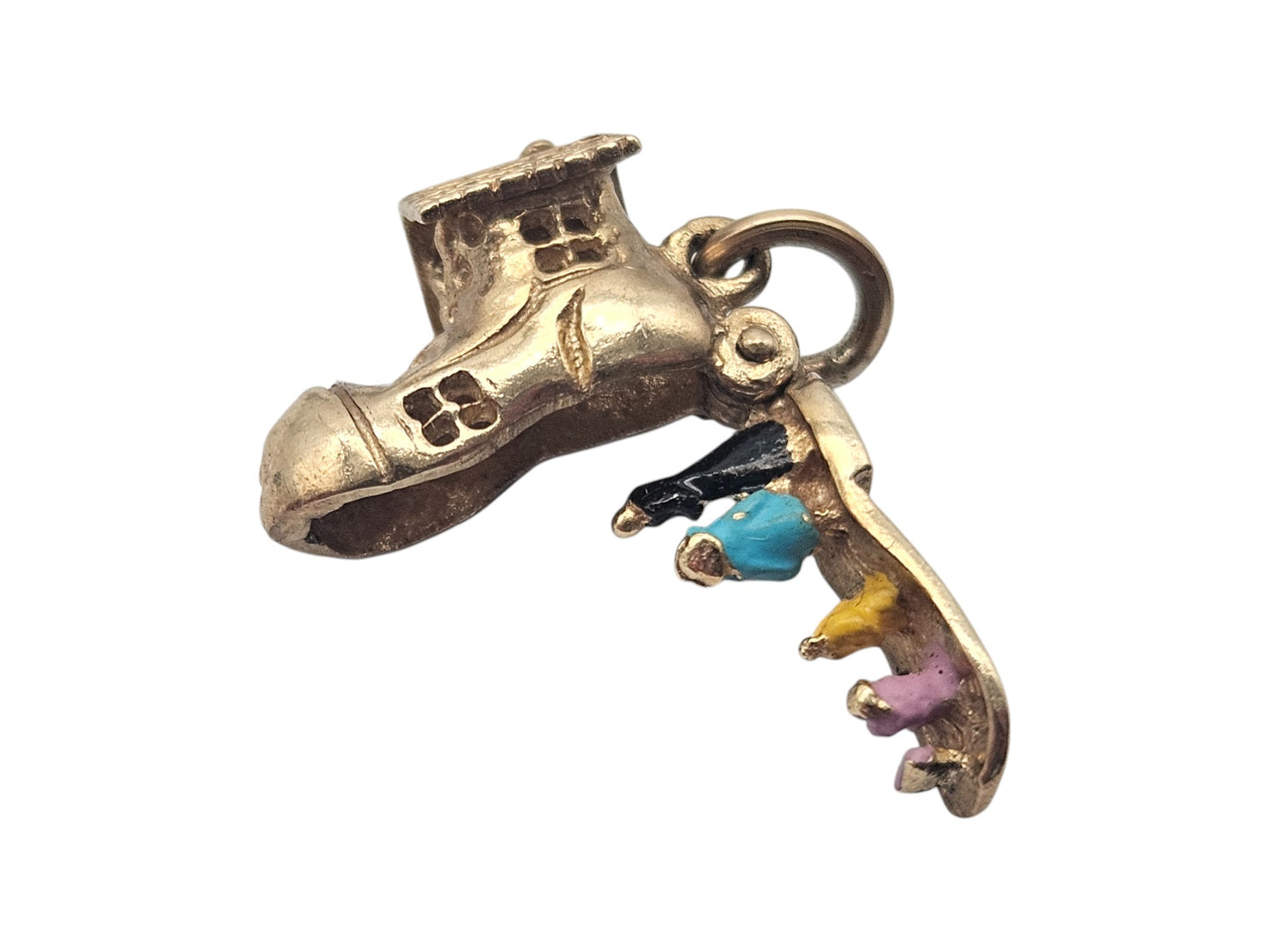 9ct 375 Yellow Gold Lady Who Lived In A Shoe Opening Charm 1970 L 1.4 cm 2.6 g.