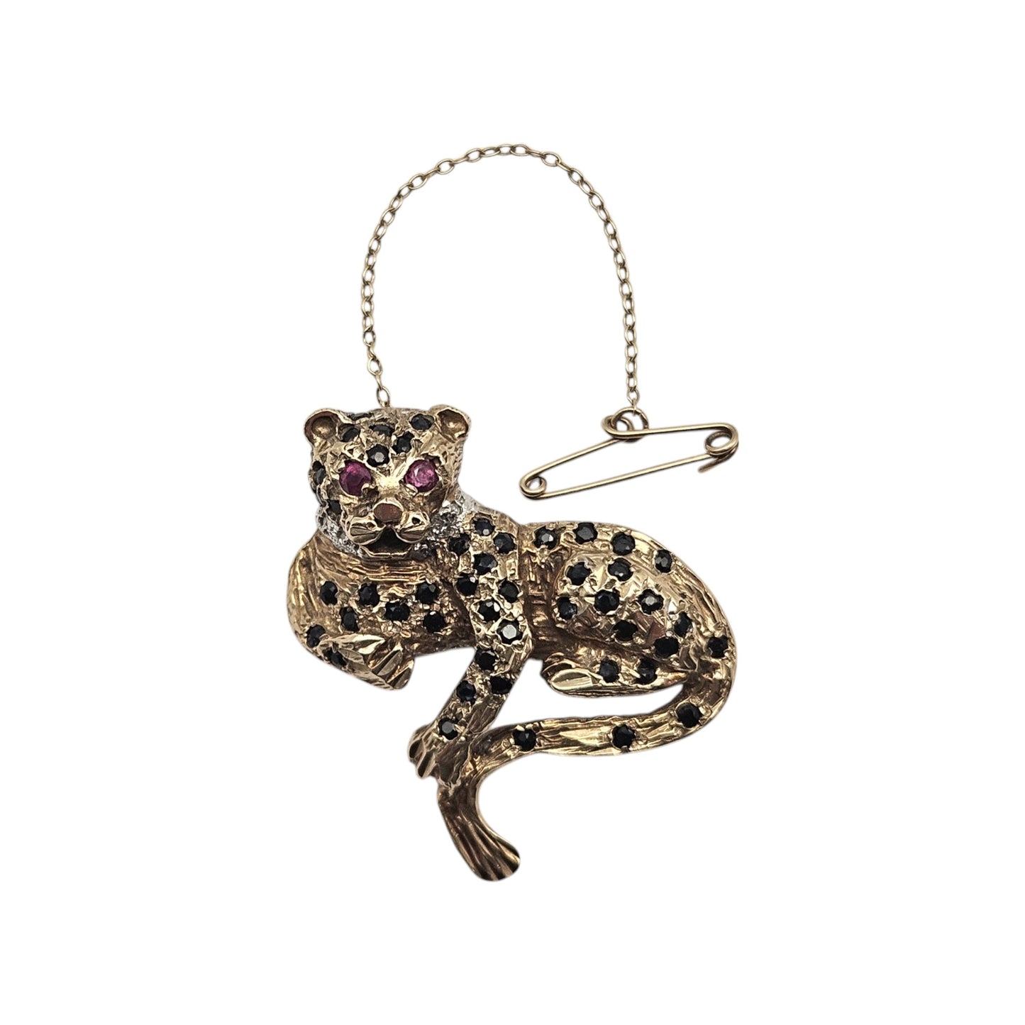 9ct 375 Yellow Gold Leopard Brooch with Gemstones c.1990's 10.6 g