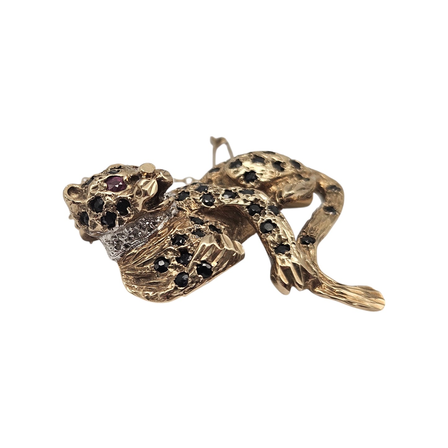 9ct 375 Yellow Gold Leopard Brooch with Gemstones c.1990's 10.6 g