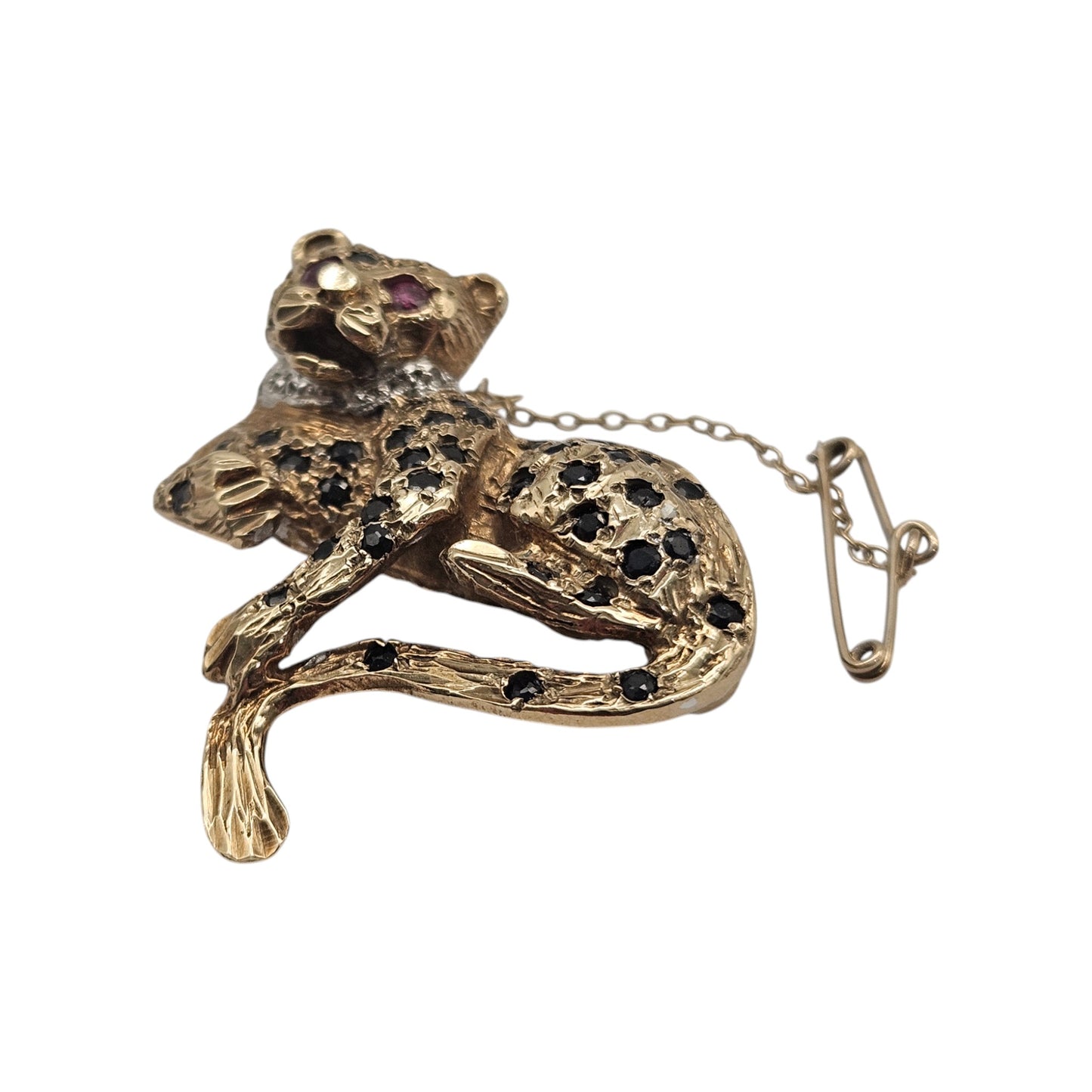 9ct 375 Yellow Gold Leopard Brooch with Gemstones c.1990's 10.6 g