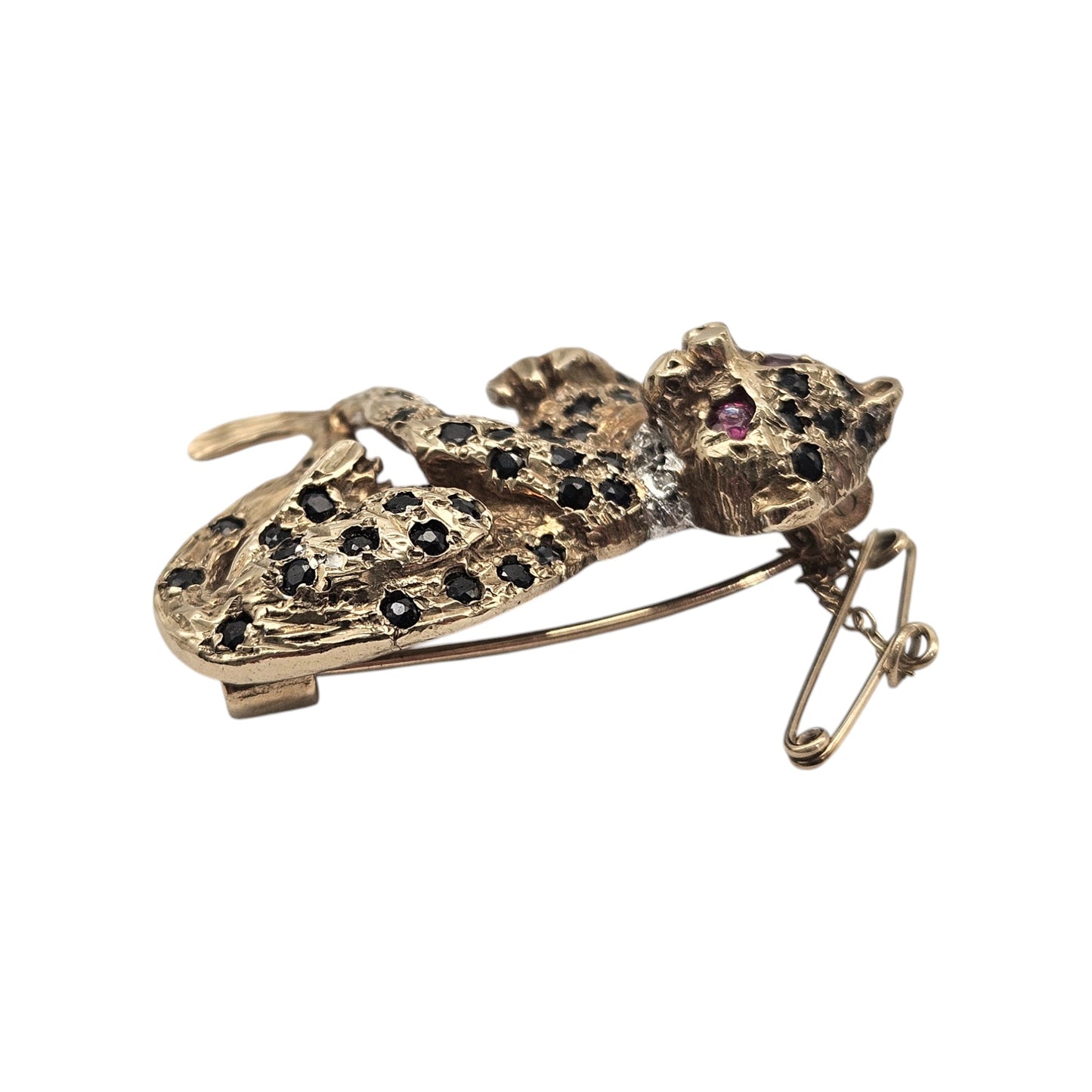 9ct 375 Yellow Gold Leopard Brooch with Gemstones c.1990's 10.6 g