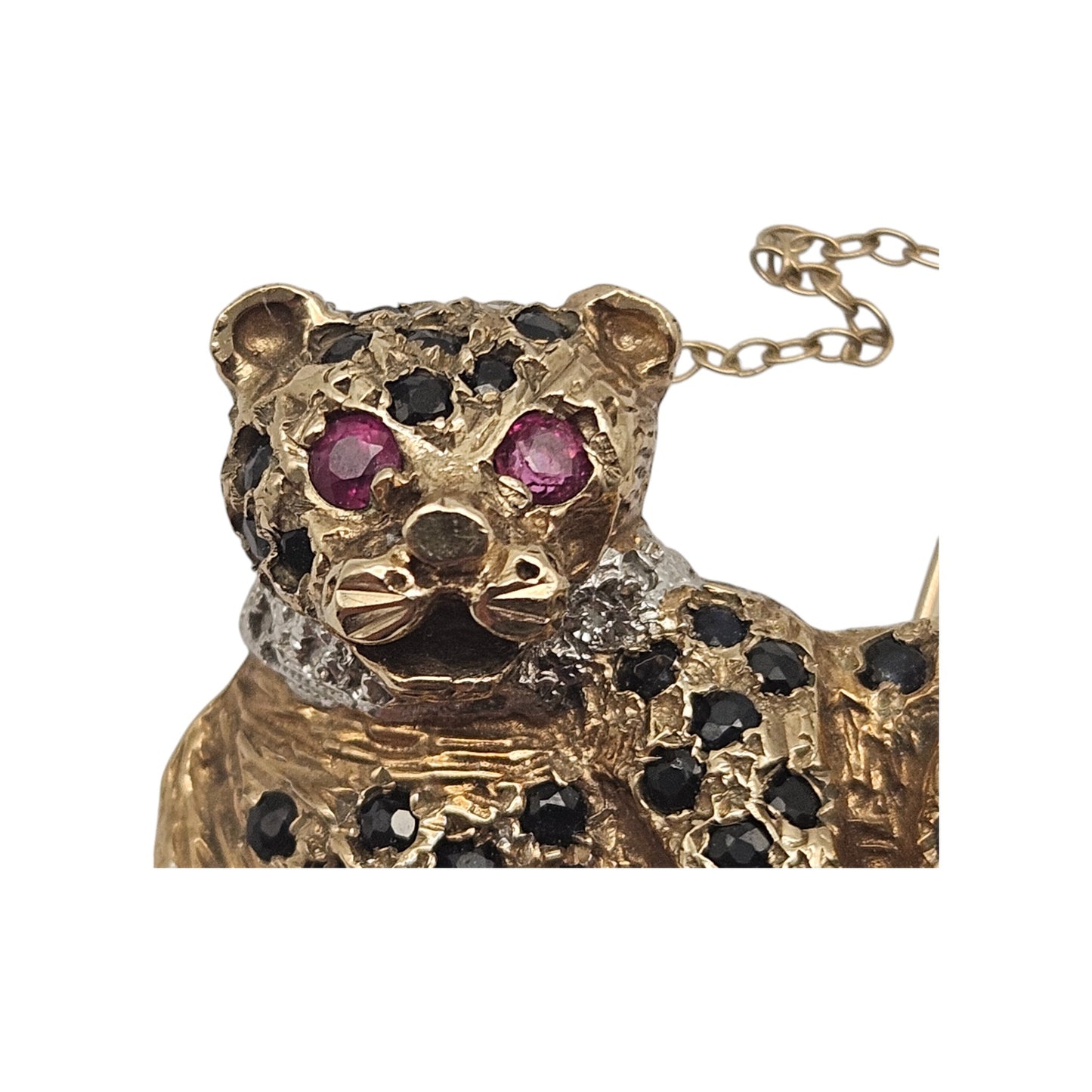9ct 375 Yellow Gold Leopard Brooch with Gemstones c.1990's 10.6 g