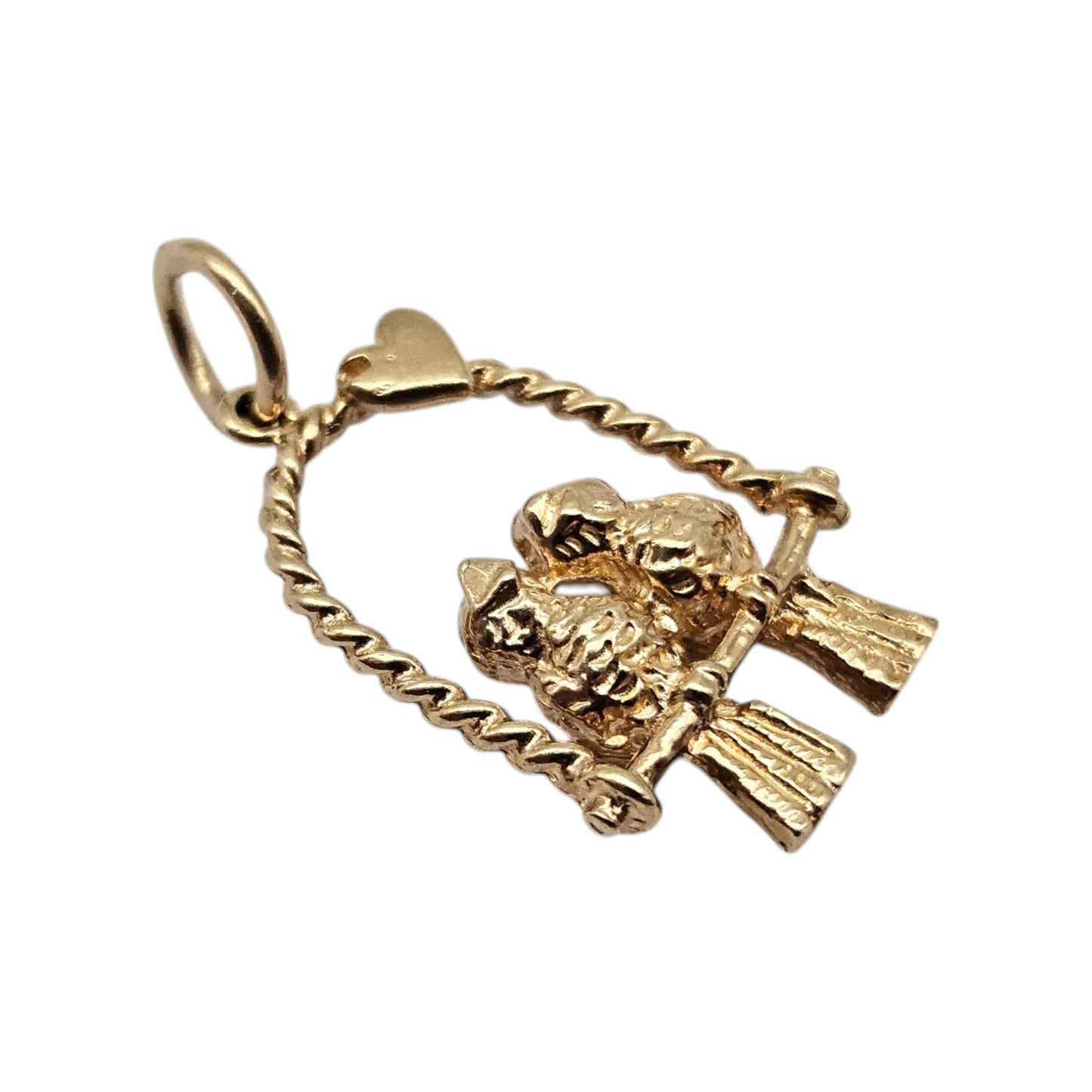 9ct 375 Yellow Gold Birds on Swing Sweetheart Charm L 1.6 cm 1.7 g.