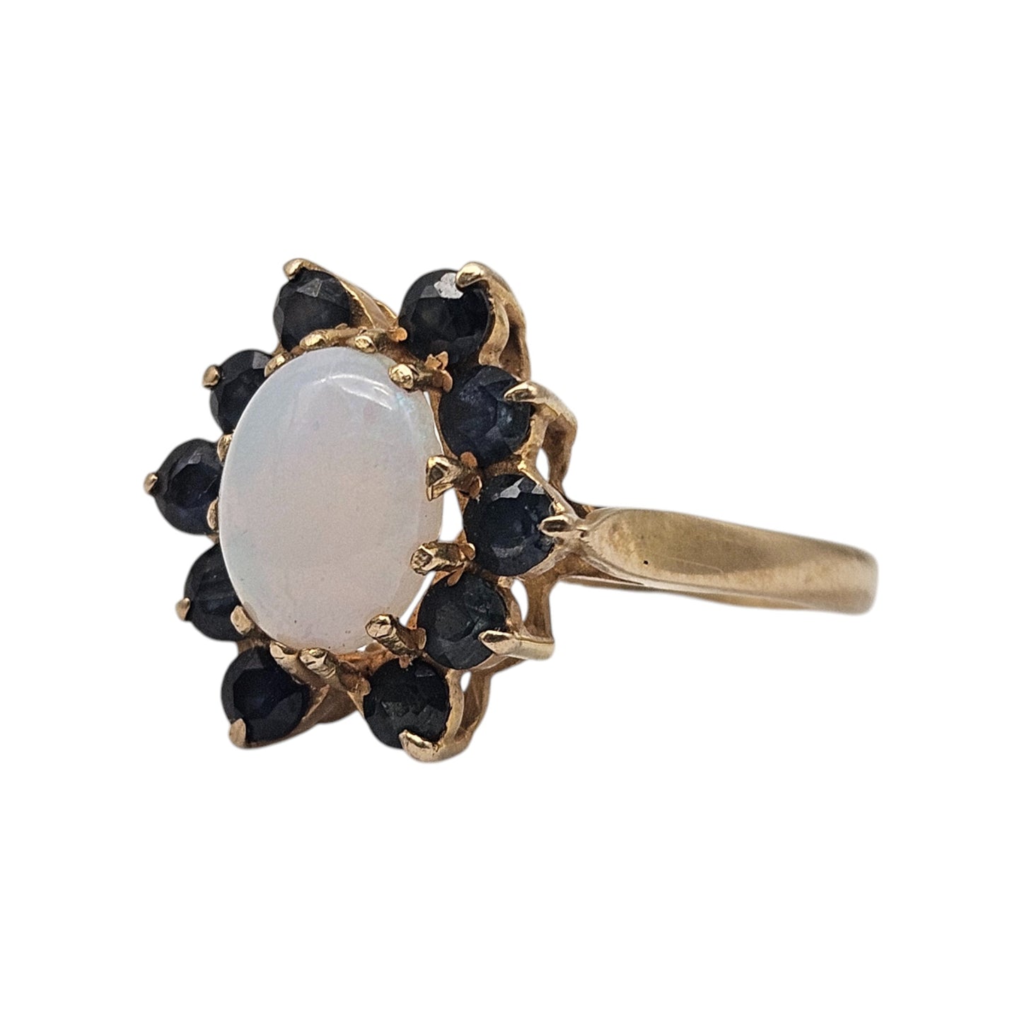 9ct Yellow Gold Opal & Sapphires Ring Size N 1/2 2.6 g.