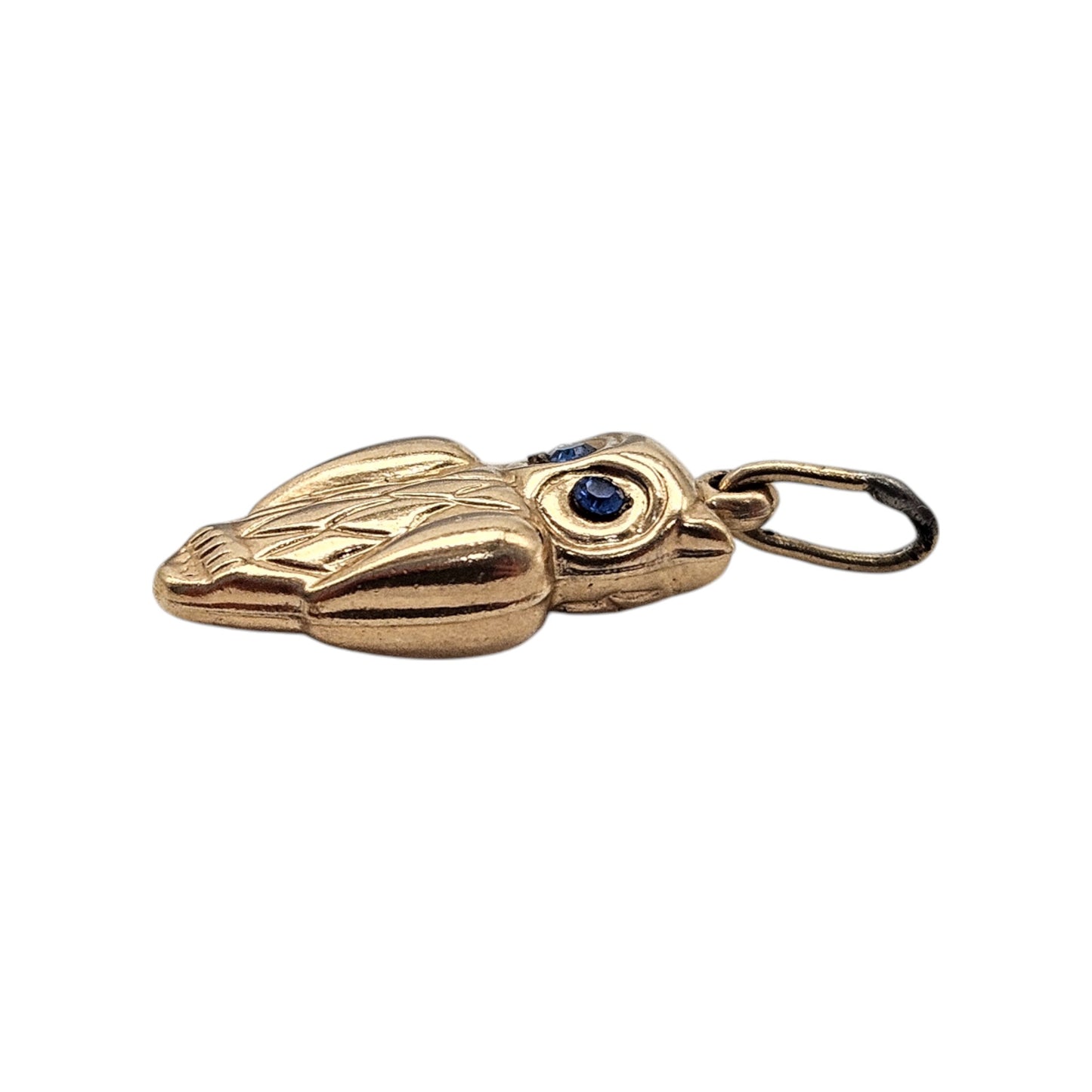 9ct Yellow Gold Owl Charm With Blue Eyes L 1.4 cm 0.5 g.