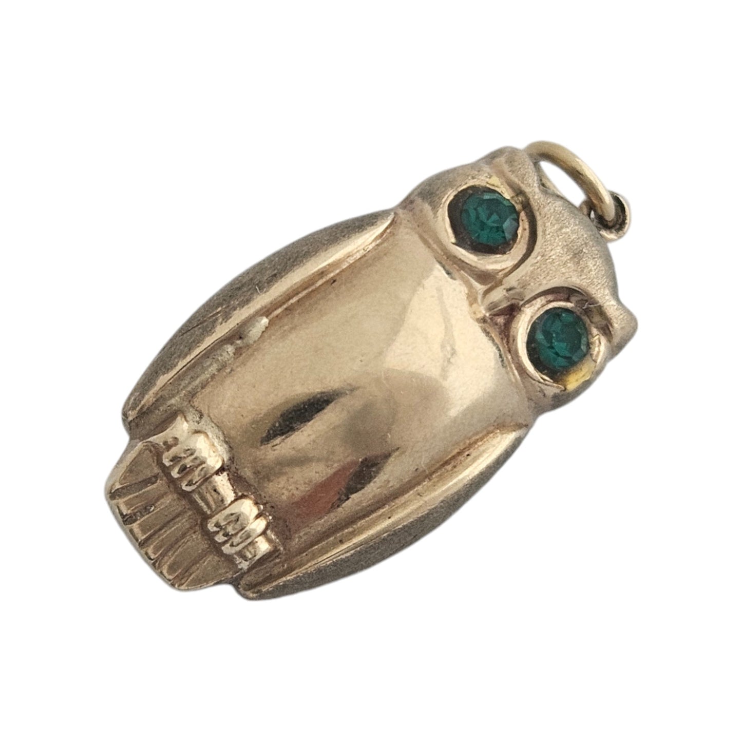 9ct 375 Yellow Gold Owl Charm with Green Eyes c.1970 L 2.2 cm 1.6 g