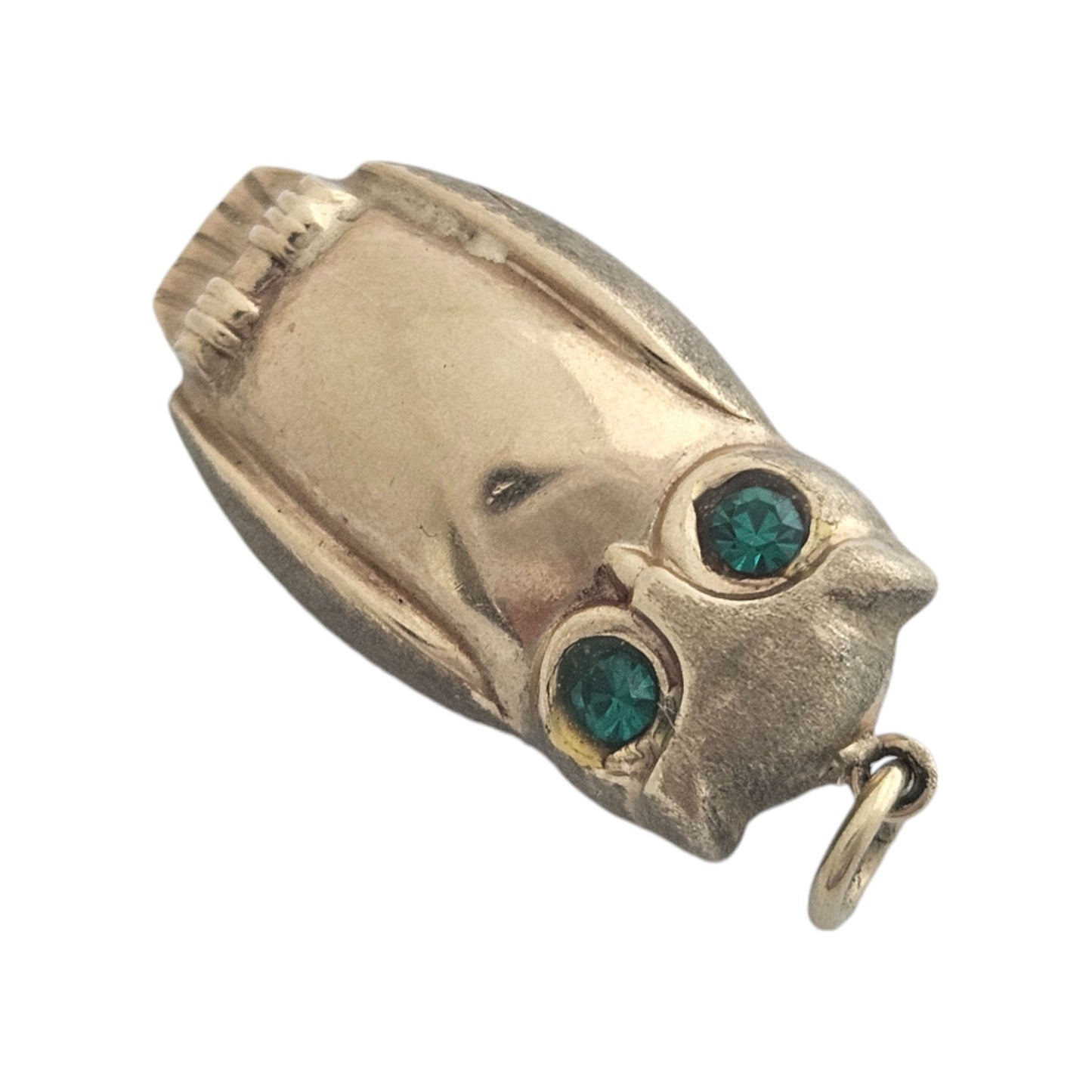 9ct 375 Yellow Gold Owl Charm with Green Eyes c.1970 L 2.2 cm 1.6 g