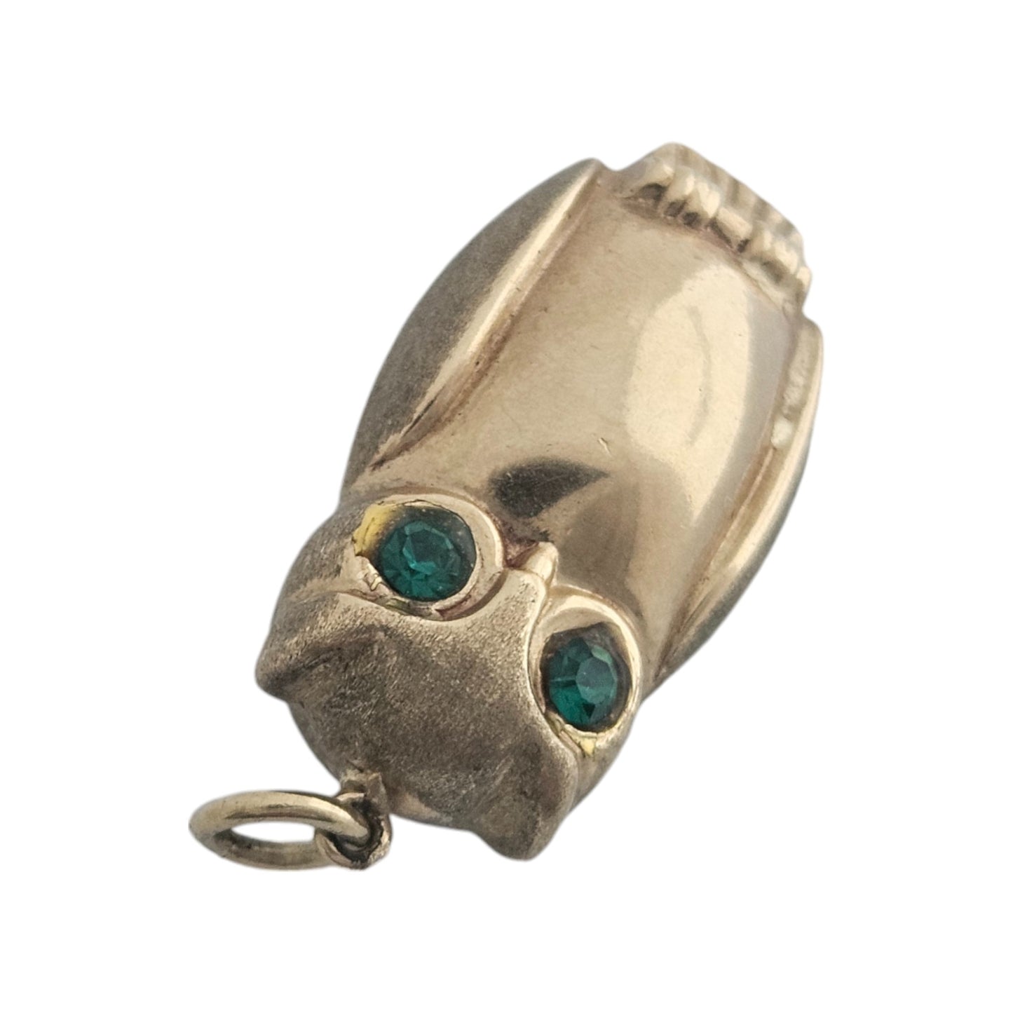 9ct 375 Yellow Gold Owl Charm with Green Eyes c.1970 L 2.2 cm 1.6 g