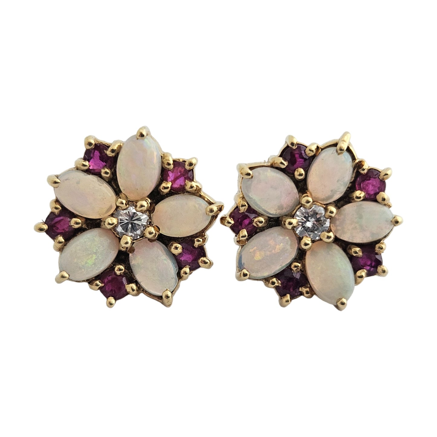 18ct 750 Yellow Gold Flower Shaped Ear Studs with Opals, Ruby & Diamond 7.3 g