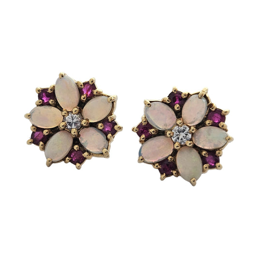 18ct 750 Yellow Gold Flower Shaped Ear Studs with Opals, Ruby & Diamond 7.3 g