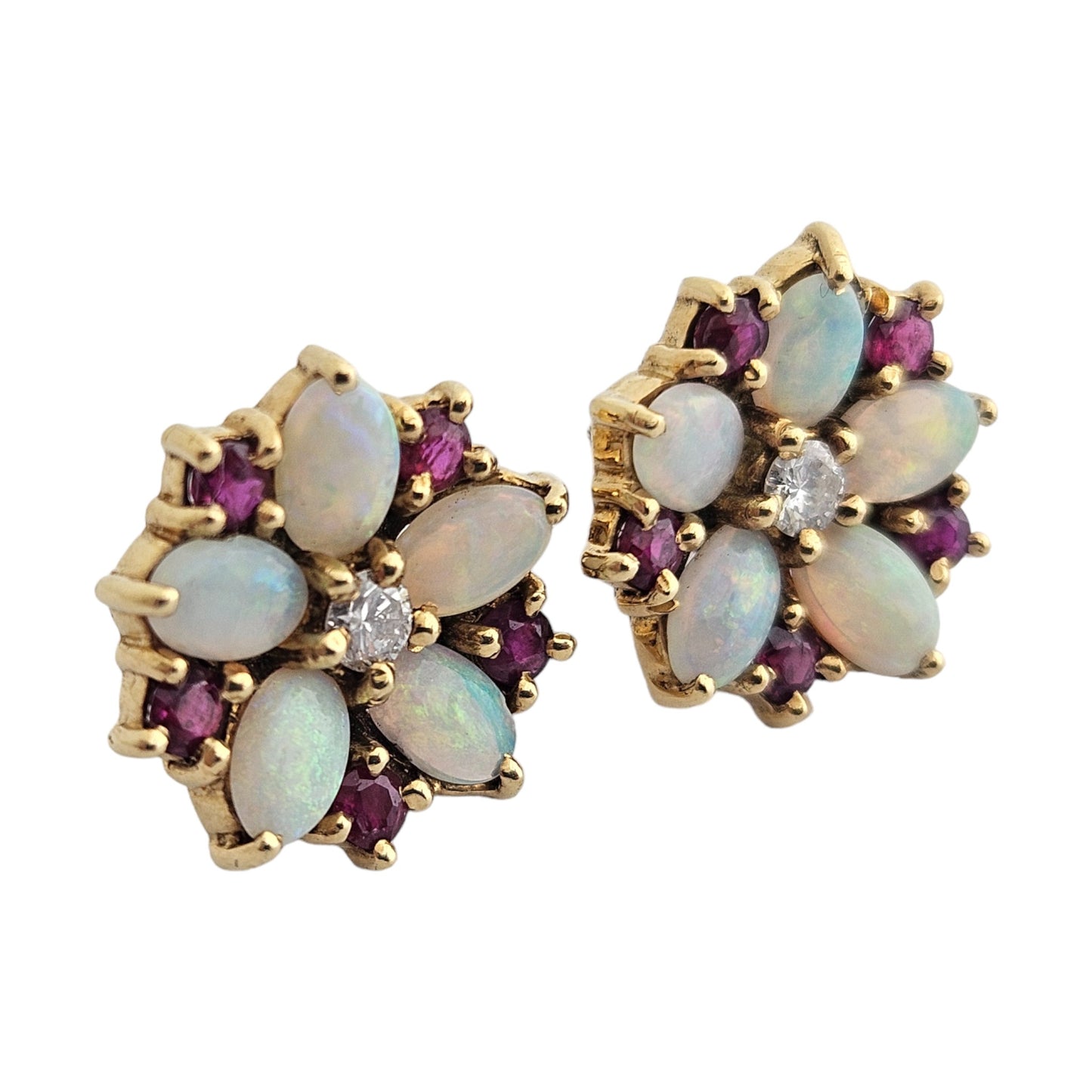18ct 750 Yellow Gold Flower Shaped Ear Studs with Opals, Ruby & Diamond 7.3 g
