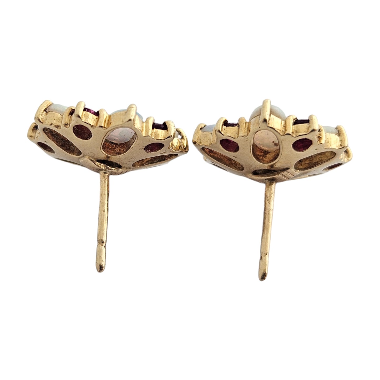 18ct 750 Yellow Gold Flower Shaped Ear Studs with Opals, Ruby & Diamond 7.3 g