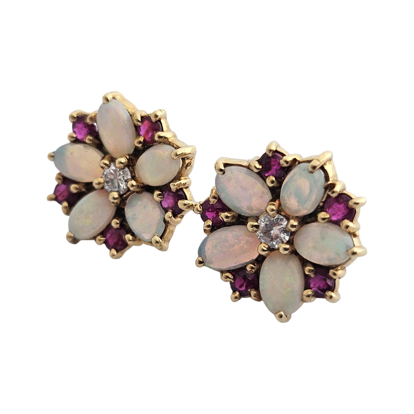 18ct 750 Yellow Gold Flower Shaped Ear Studs with Opals, Ruby & Diamond 7.3 g