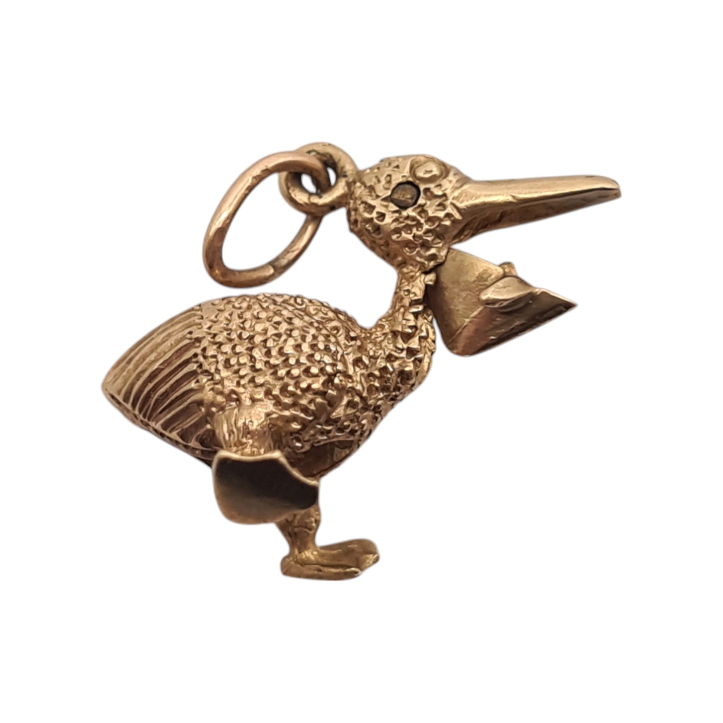 Unusual 9ct 375 Yellow Gold Pelican Articulated Charm 1965 L 1.6 cm 2.9 g.