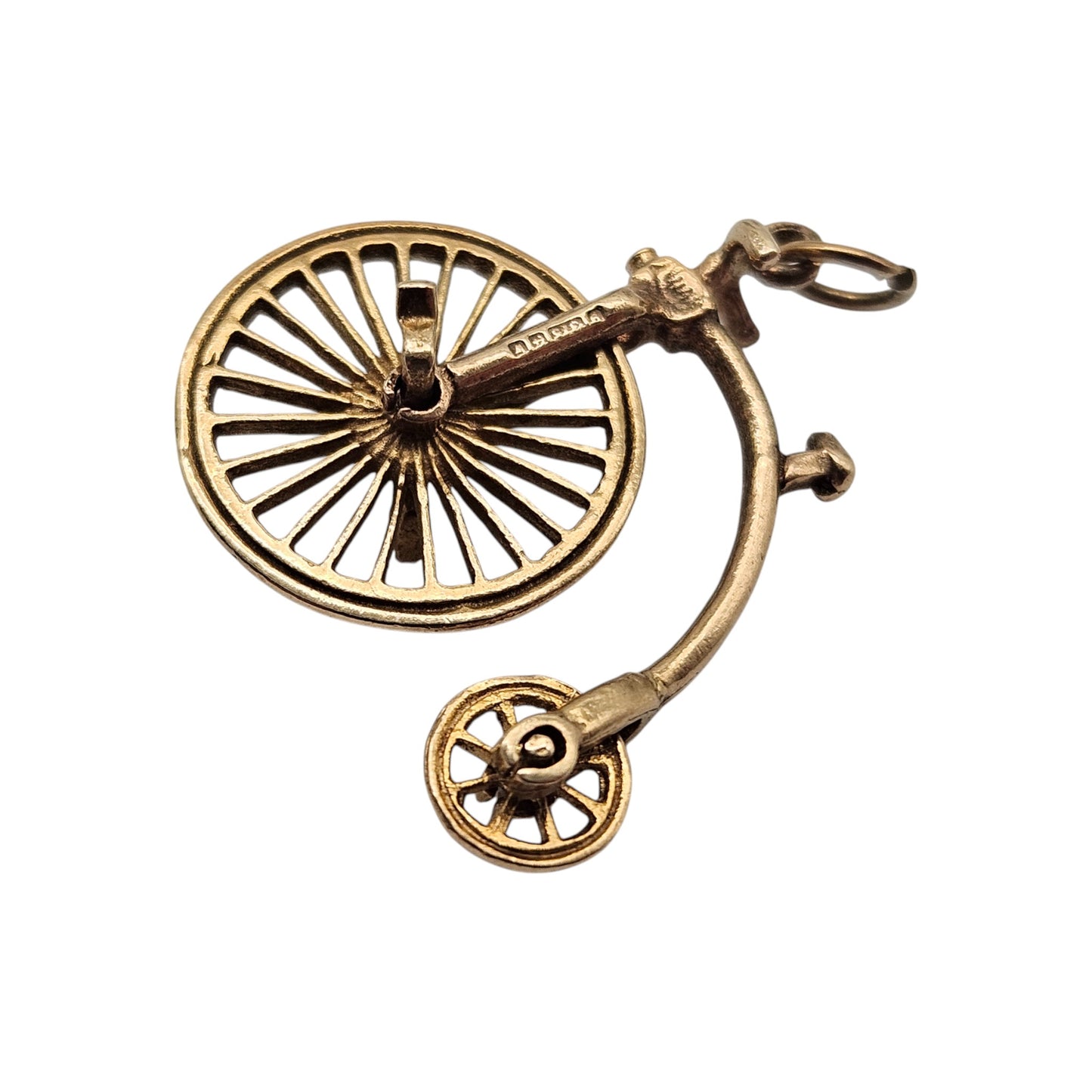 9ct 375 Yellow Gold Articulated Penny Farthing Charm 1971 L 2.0 cm 2.1 g.