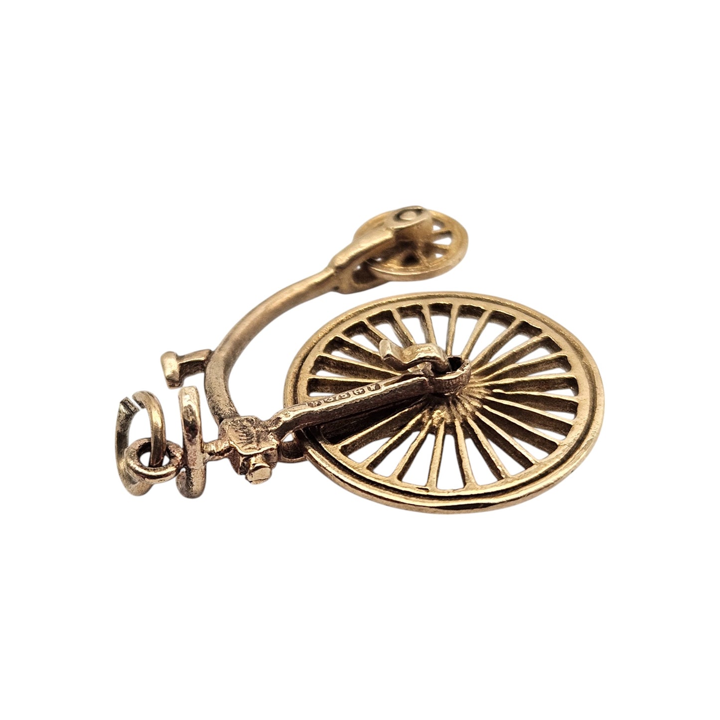 9ct 375 Yellow Gold Articulated Penny Farthing Charm 1971 L 2.0 cm 2.1 g.
