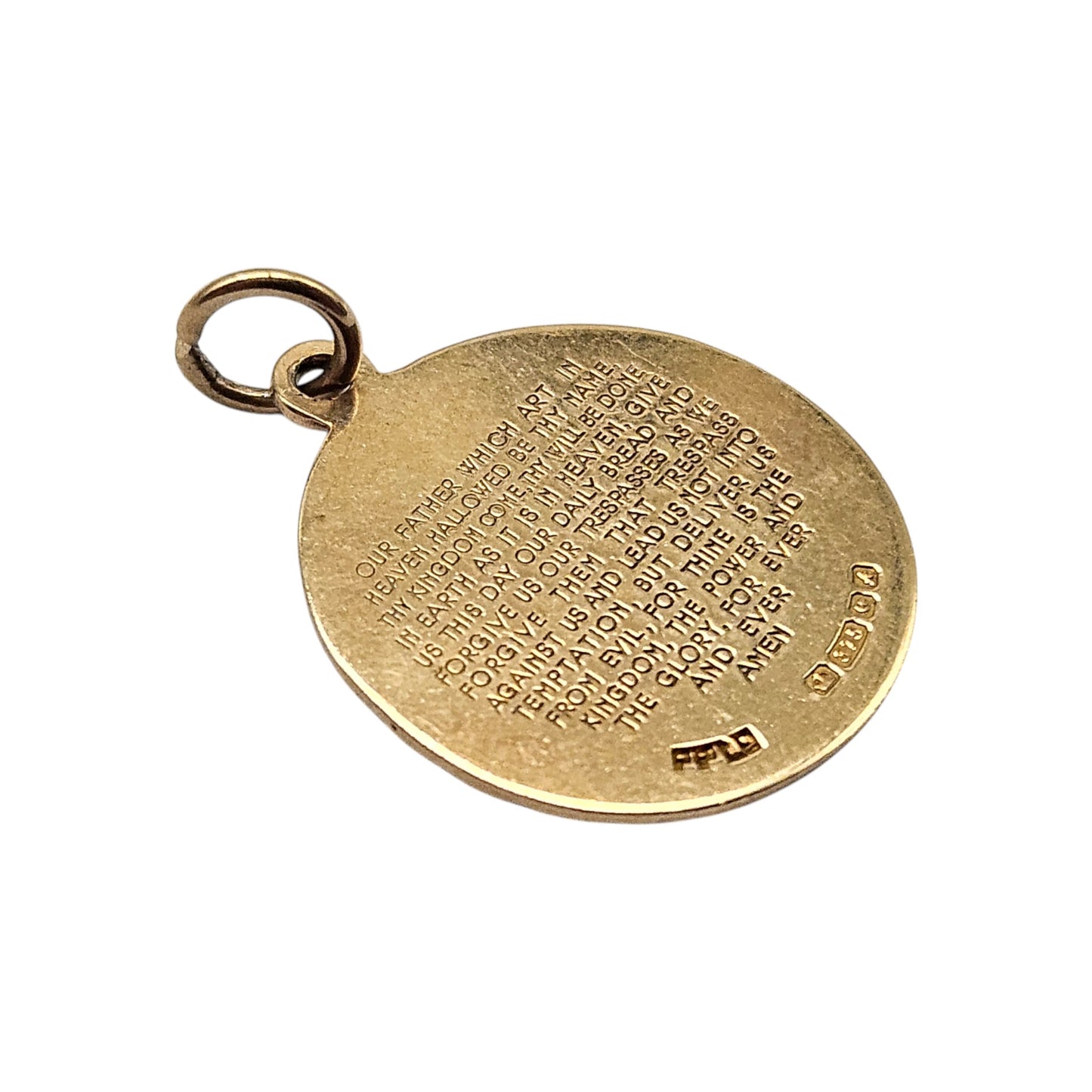 9ct 375 Yellow Gold Prayer Charm 1975 L 1.8 cm 2.7 g.
