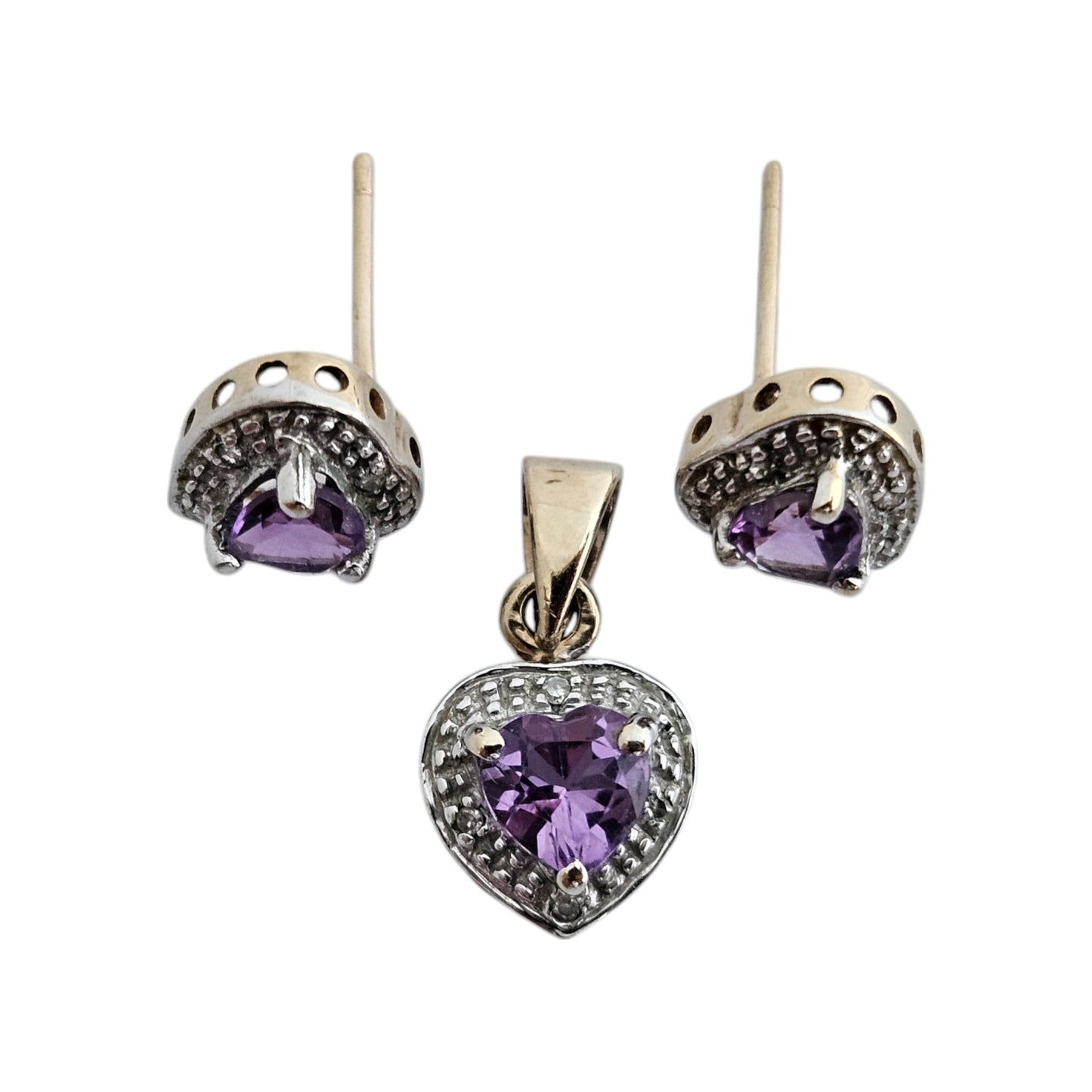 Suite of 9ct Yellow Gold Pendant & Earrings with Amethysts and Diamonds