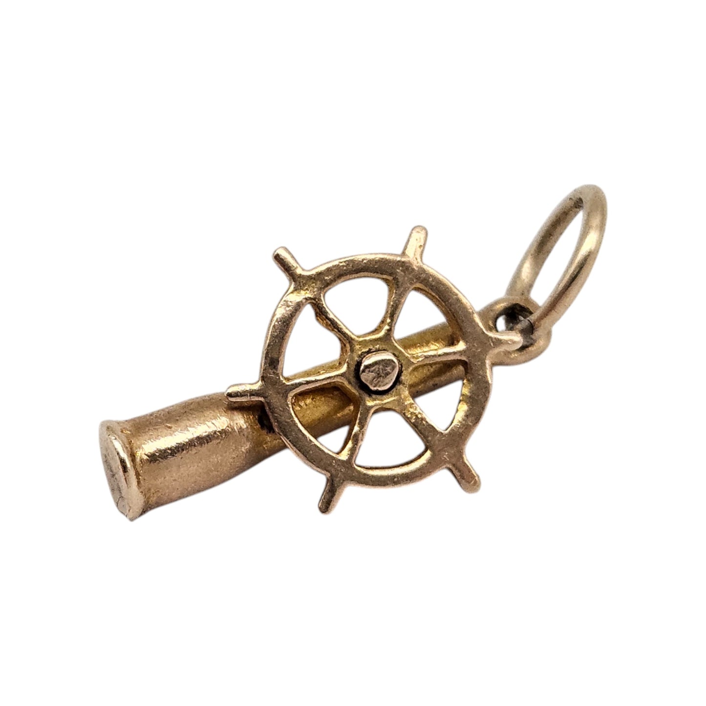 Unusual 9ct Yellow Gold Nautical Telescope & Ships Wheel Articulated Charm 1950