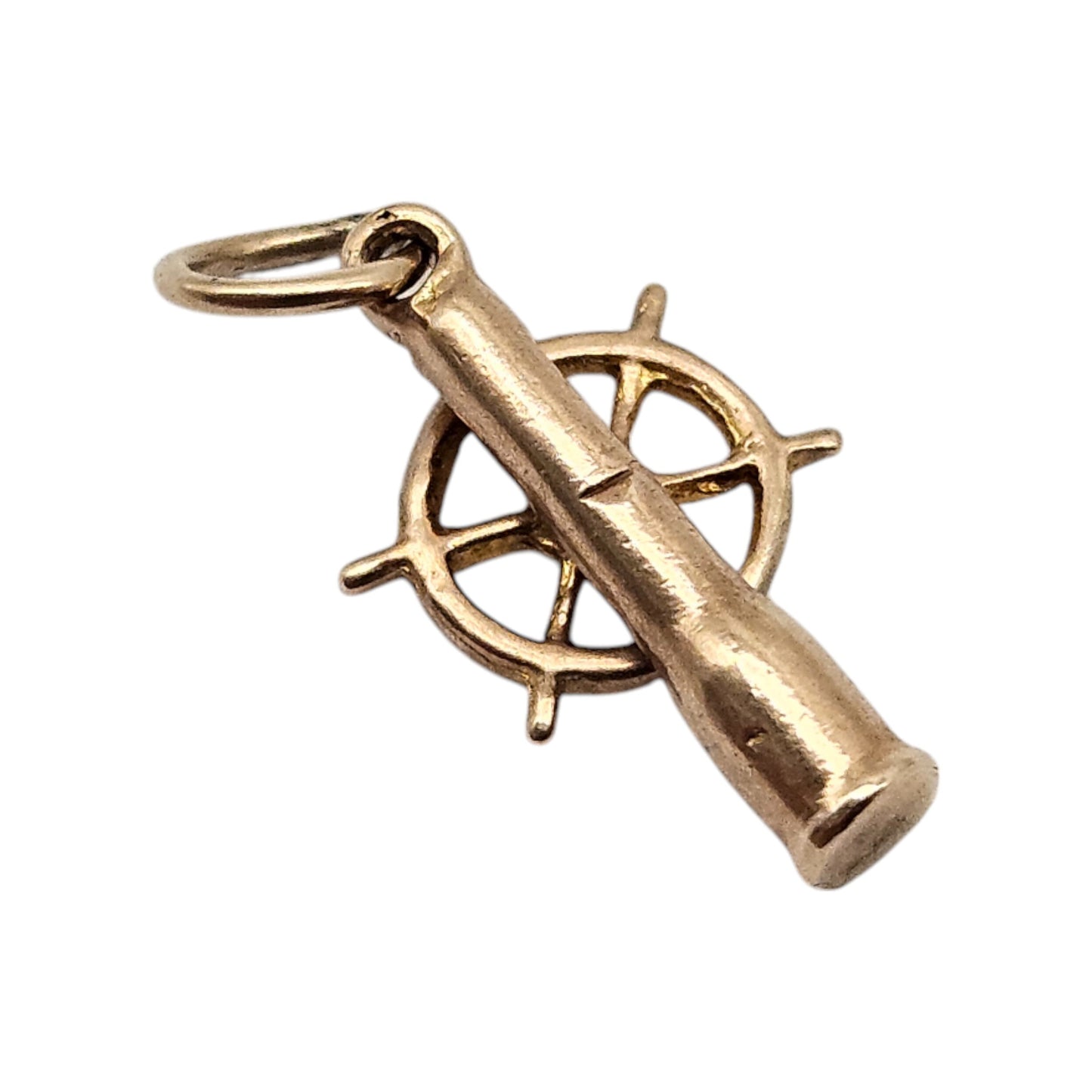 Unusual 9ct Yellow Gold Nautical Telescope & Ships Wheel Articulated Charm 1950