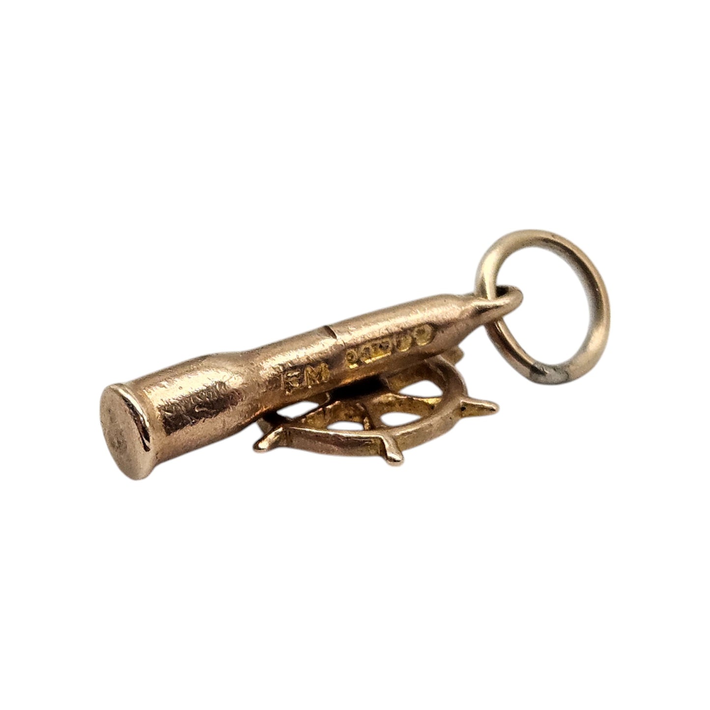 Unusual 9ct Yellow Gold Nautical Telescope & Ships Wheel Articulated Charm 1950